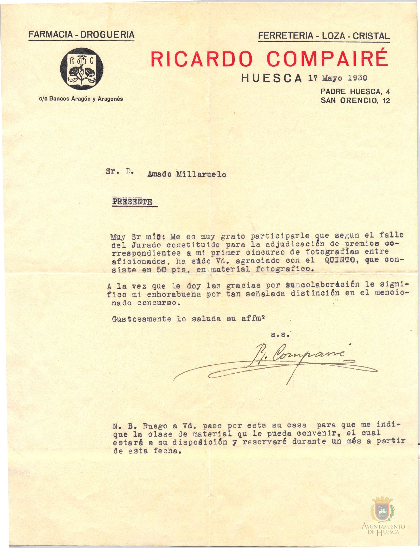 Carta de Ricardo Compairé a Amado Millaruelo en la que le comunica que le ha adjudicado el quinto premio en el concurso de fotografías entre aficionados que ha organizado