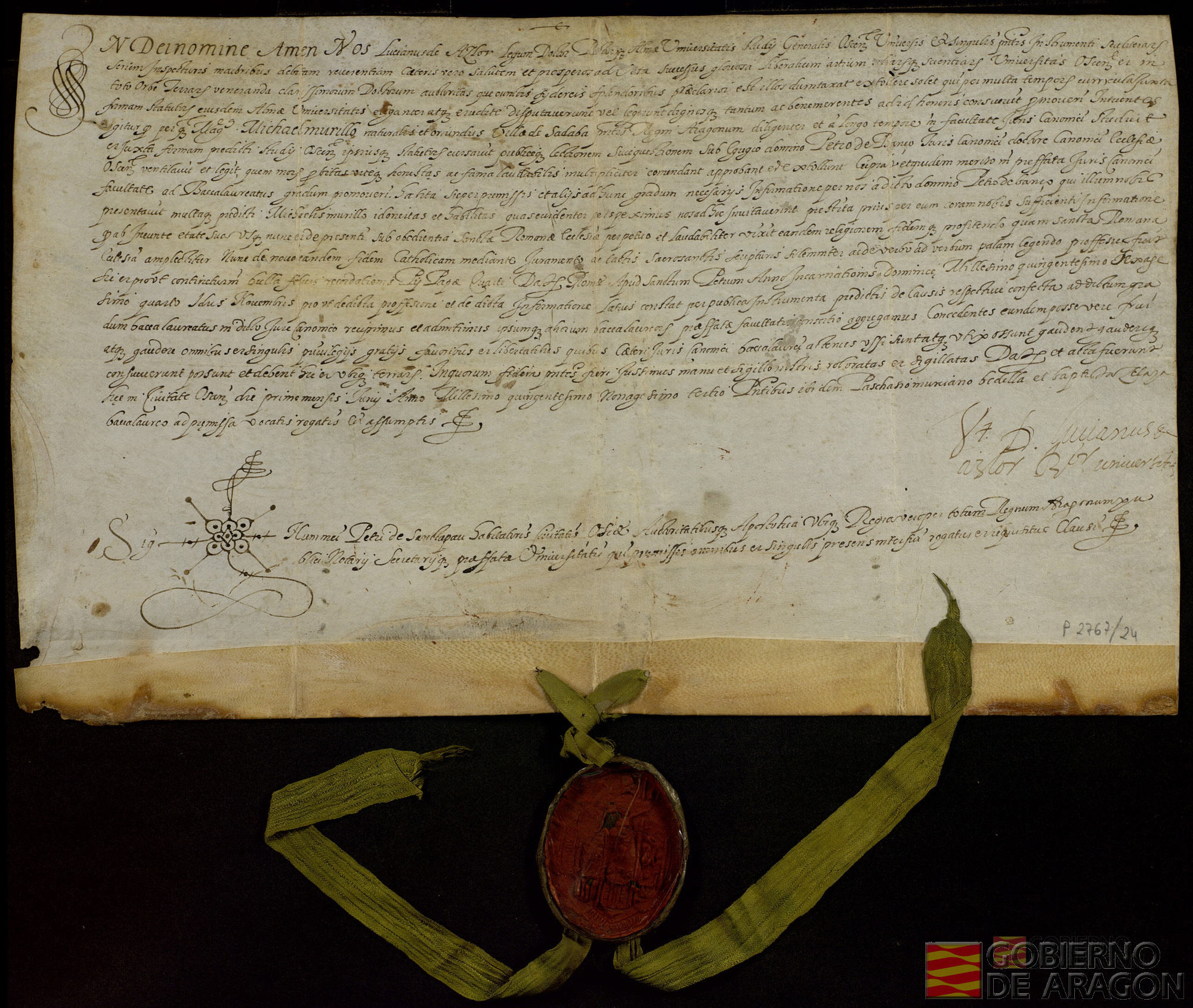 Título de bachiller en derecho canónico a favor de Miguel Murillo, vecino de Sádaba, por la Universidad de Huesca