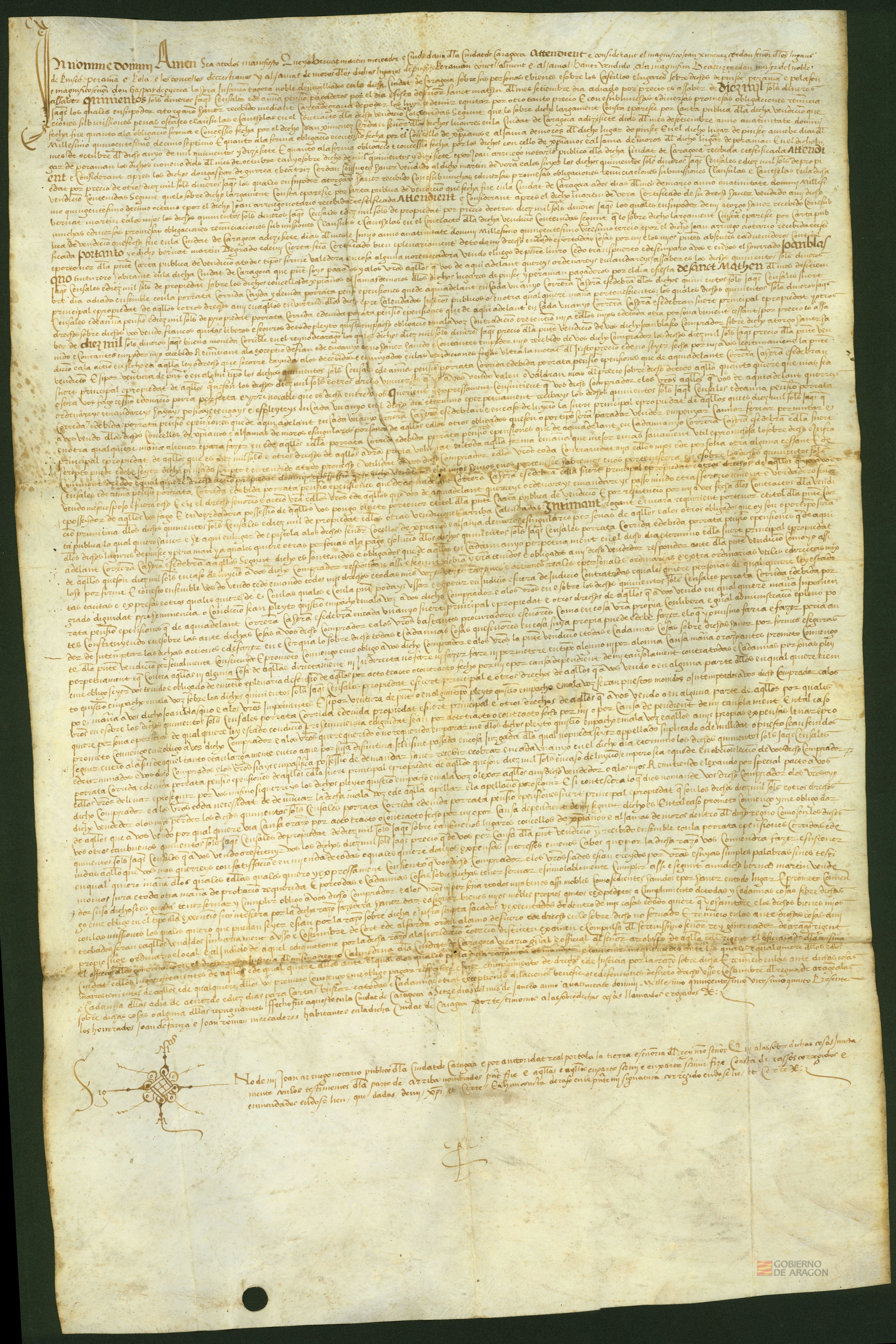 Bernardo Martín, ciudadano de Zaragoza, vende a Juan Blasco, vecino de Zaragoza, un censal de 500 sueldos jaqueses anuales cargados sobre los lugares de Pinseque, Peramán y Pola, por precio de 6.000 sueldos