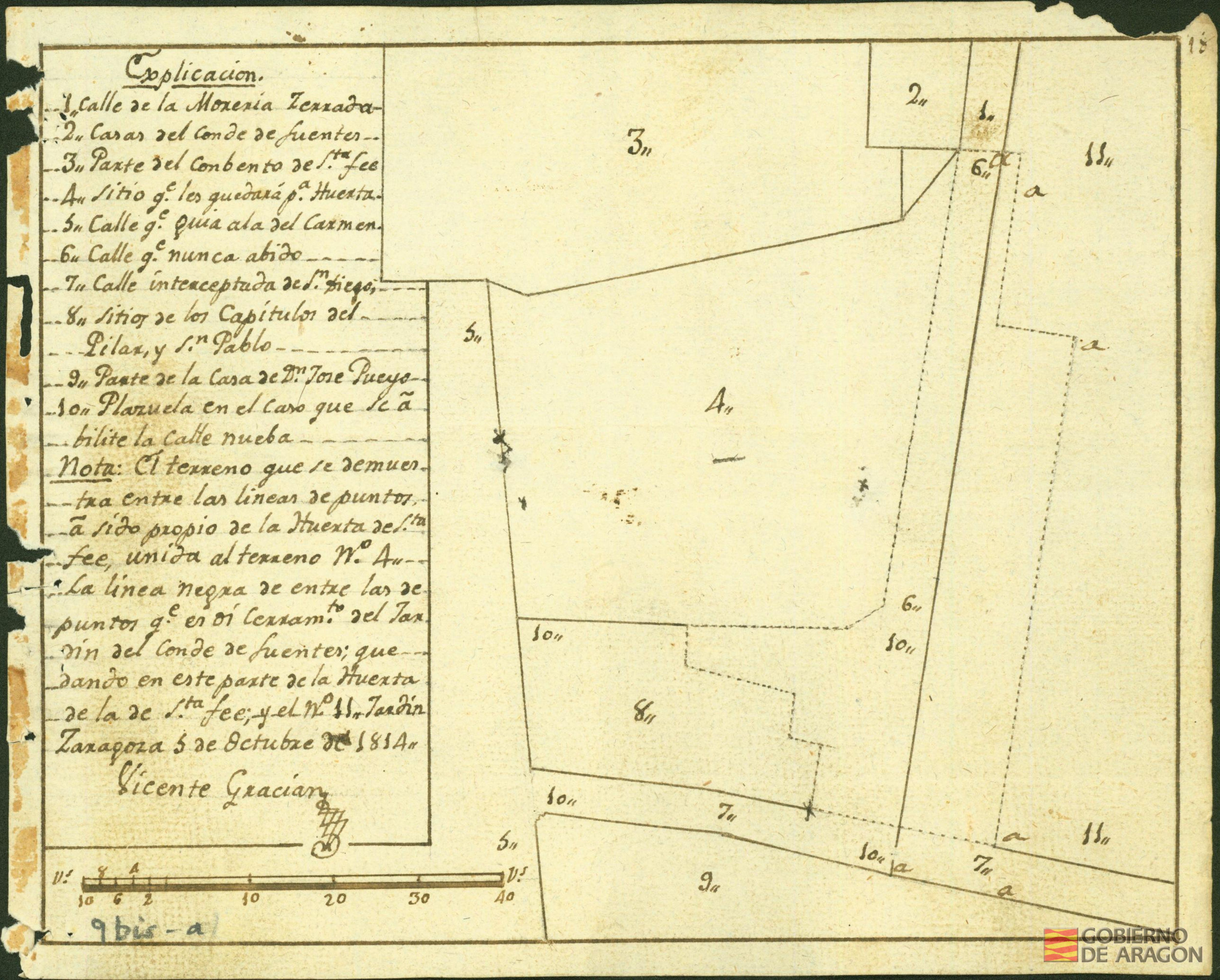 Plano del terreno que forma la Plaza donde estuvo la Huerta de Santa Fé, y los sitios de las casas de los Capítulos del Pilar y San Pablo, y casas del Conde de Fuentes. Firmado por Vicente Gracián