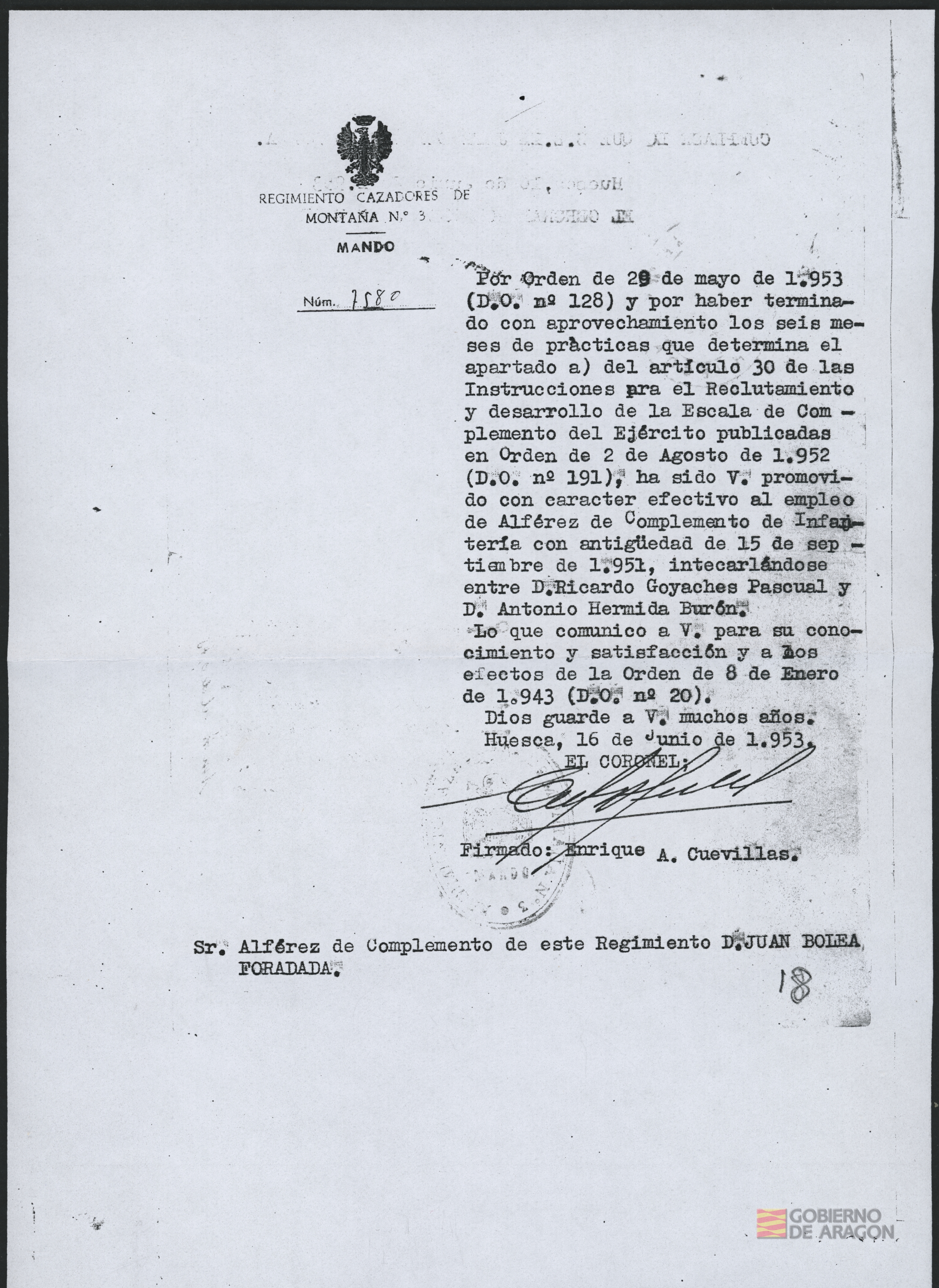 Comunicación del nombramiento de Juan Antonio Bolea Foradada como alférez de complemento