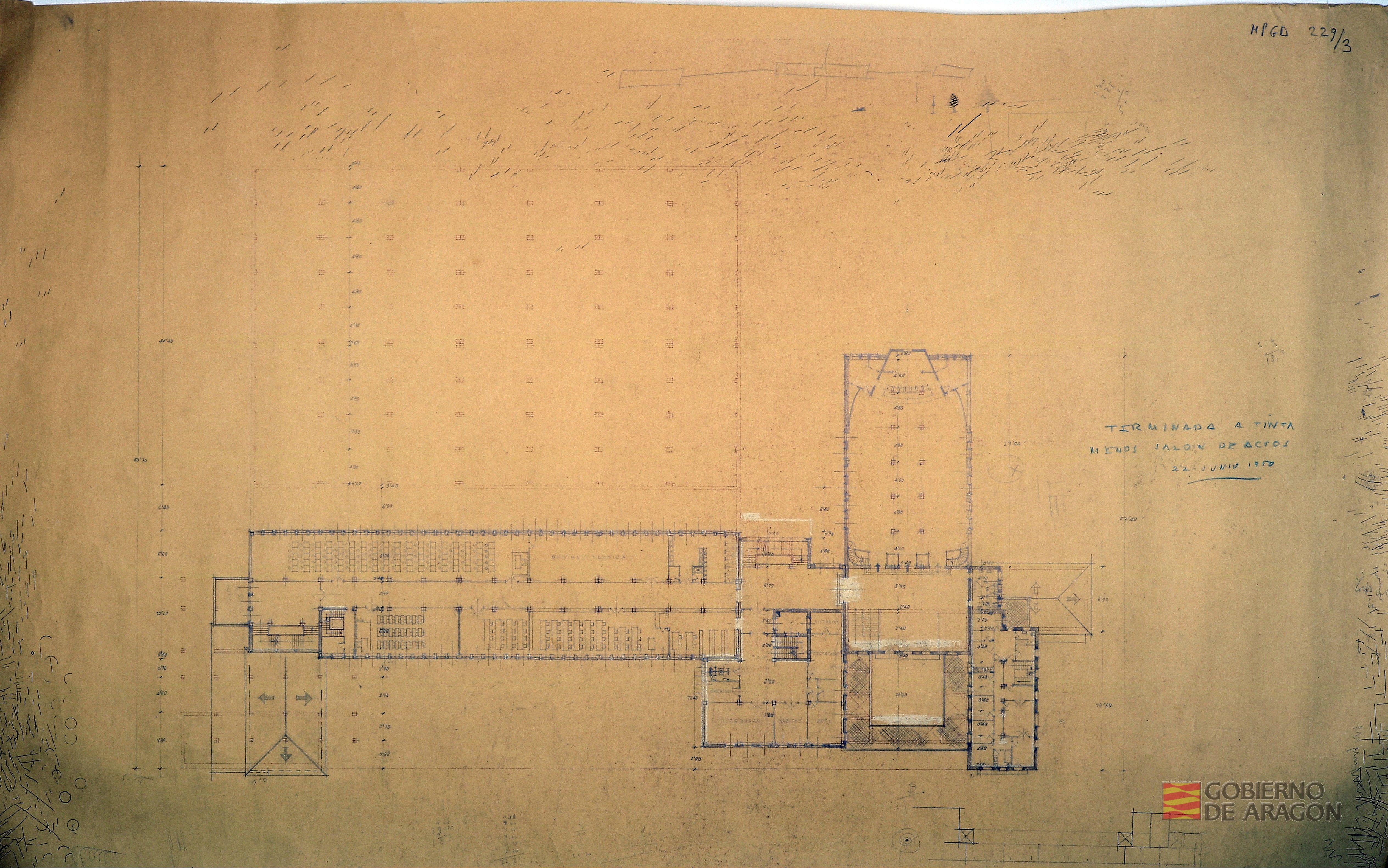 Proyecto de Escuela de Formación Profesional en la ribera del canal. Borrador del plano terminado a tinta menos salón de actos 22 de junio 1950