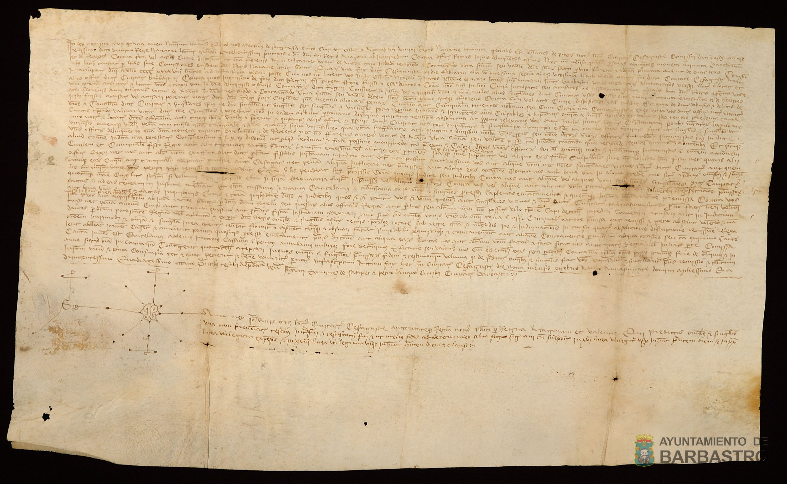 Sentencia que absuelve al Concejo de Barbastro de alterar el valor de las monedas menudas barcelonesas y realetes, establecido en 10 sueldos jaqueses cada florin de oro de Aragon