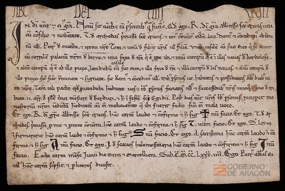 Romana, abadesa de Santa Cruz de la Serós, da a Pedro de Obelba y su mujer Tota, un casal con su huerto sitios de Bernués, junto con otras posesiones, a cambio de un tributo anual