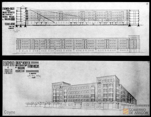 Planos para el concurso de anteproyectos para la construcción ded viviendas protegidas firmado por Luis Díaz Tolosana