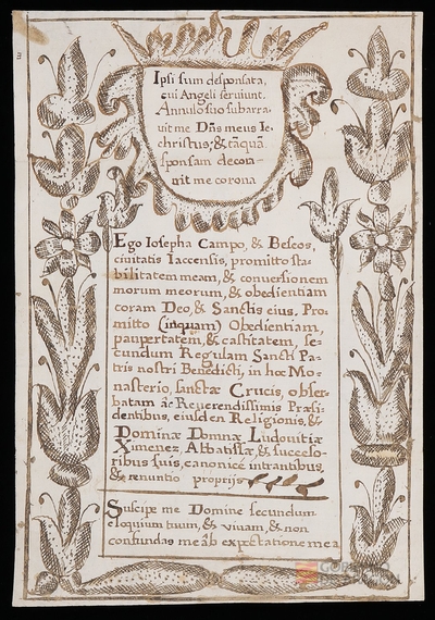 Carta de profesión de Josefa Campo Bescós, de la ciudad de Jaca, en el monasterio de Santa Cruz de Jaca