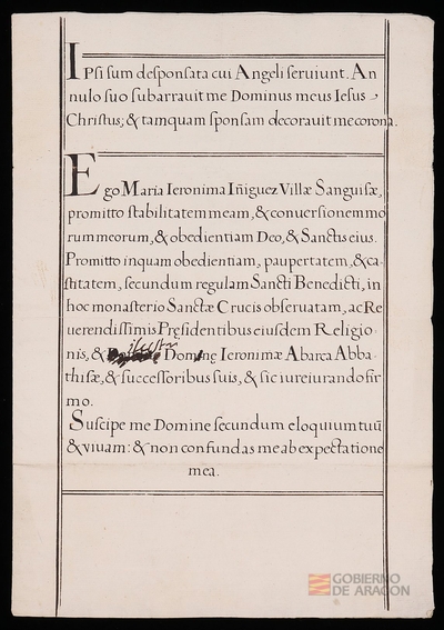 Carta de profesión de María Jerónima Iñiguez, de la ciudad de Sangüesa (Navarra), en el monasterio de Santa Cruz de Jaca