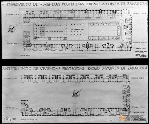 Planos del anteproyecto de viviendas protegidas firmados por los arquitectos Lorenzo Manchis y Manuel Muñoz Casangús