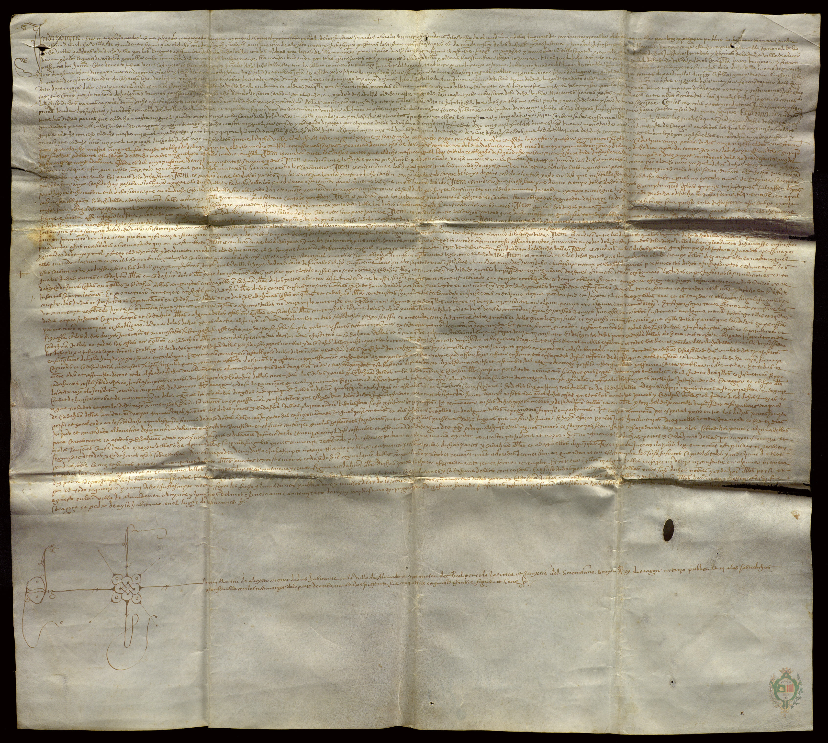 El concejo de Almudévar vende a Miguel de la Maisón, herrero vecino de Zaragoza, 15.000 sacas de carbón de encina por precio de 11.000 sueldos.
