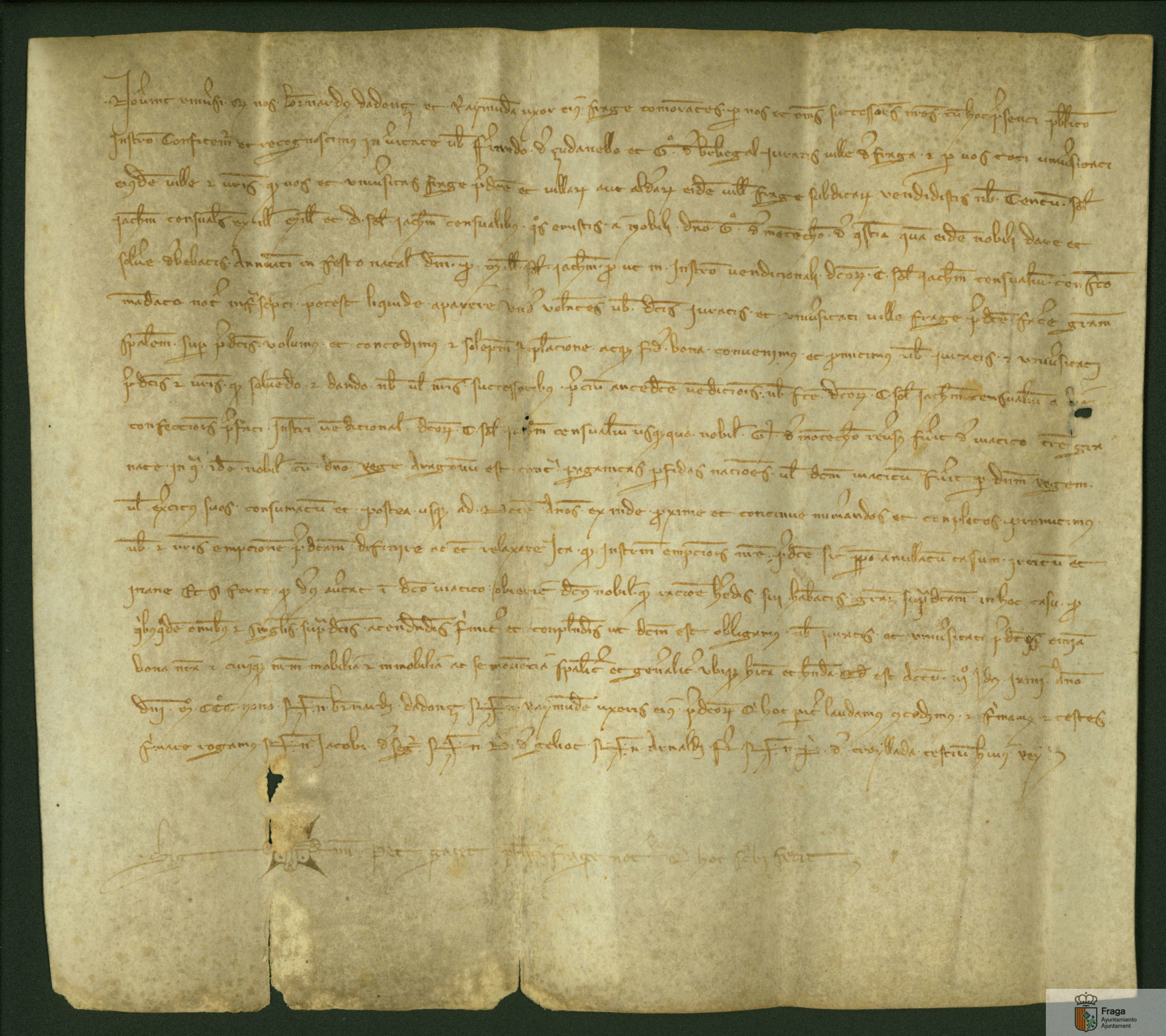 Bernardo de Adons y su mujer Raimunda absuelven al concejo de Fraga del pago del censal de 100 sueldos de renta anual y 1.500 de propiedad que los jurados les habían vendido para hacer frente al pago de la compra de ciertas rentas ordinarias a Guillermo de Moncada, durante 10 años.