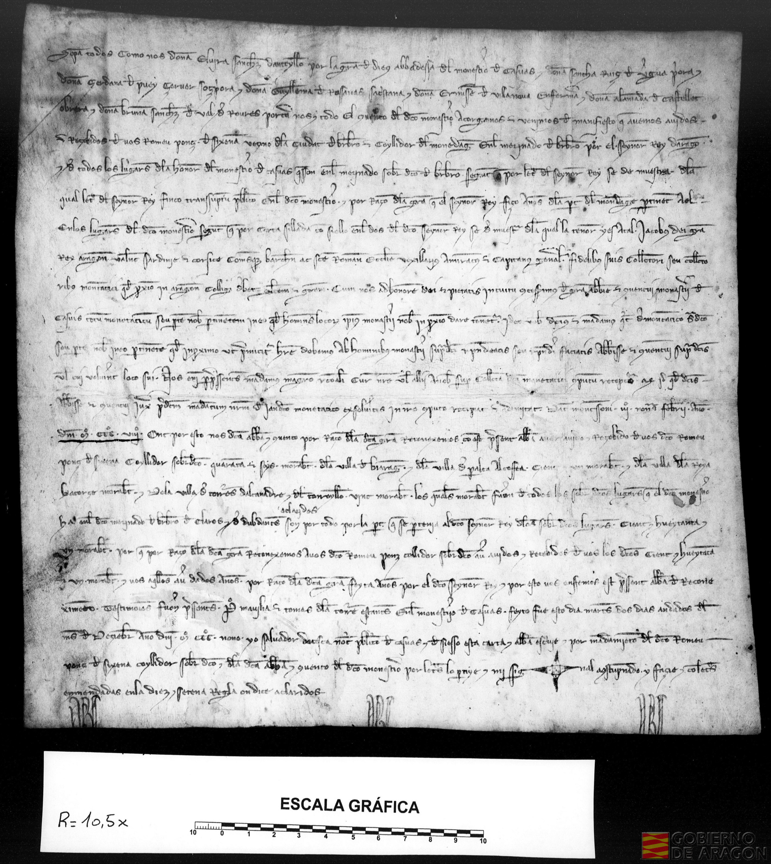 Elvira Sánchez de Antillón, abadesa, y todo el convento de Casbas, reconoce que, en virtud de una carta de Jaime II (Monzón, 1309/02/03) por la que asigna al monasterio el monedaje de sus vasallos, ella ha recibido los 181 morabatines y medio recaudados en varios pueblos de mano de Romeo Ponz de Sigena, recaudador y vecino de Barbastro