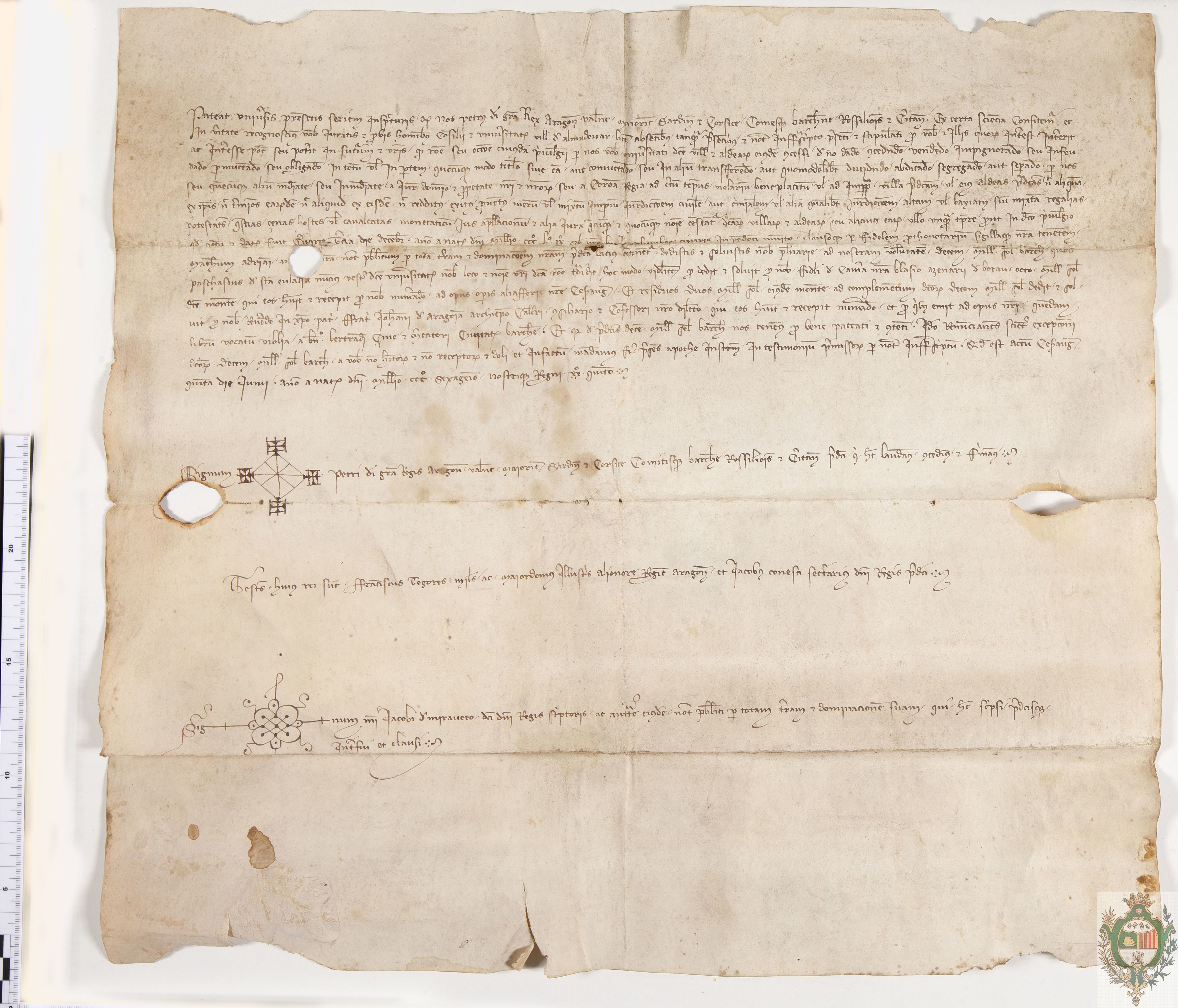 Pedro IV reconoce haber recibido del concejo de Almudévar los 10.000 sueldos jaqueses que éste se comprometió a pagarle a cambio del privilegio por el que la villa y sus aldeas no podían ser separadas de ningún modo del realengo, concedido en Cervera el 3 de diciembre de 1359