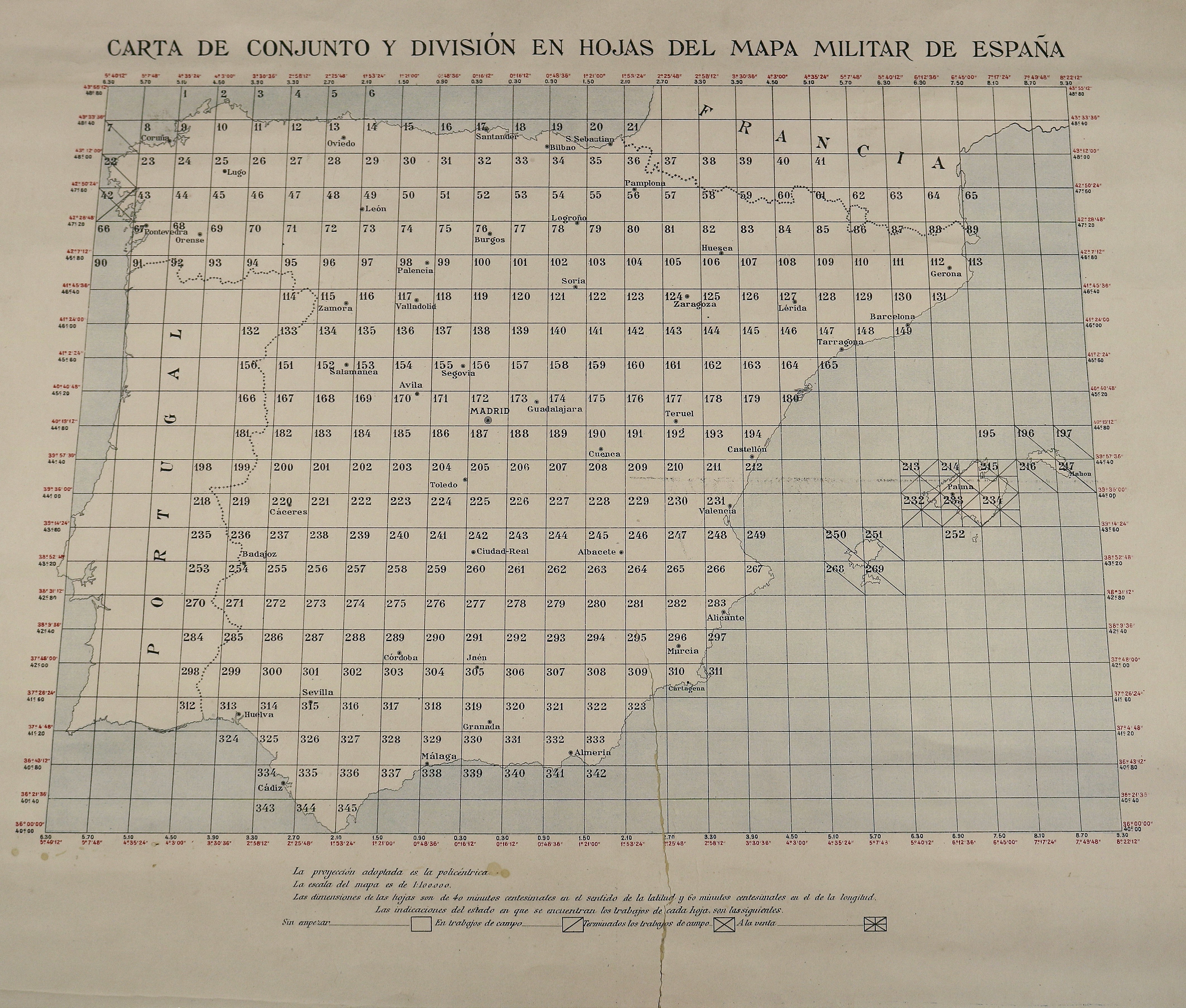 Carta de conjunto y división en hojas del mapa militar de España