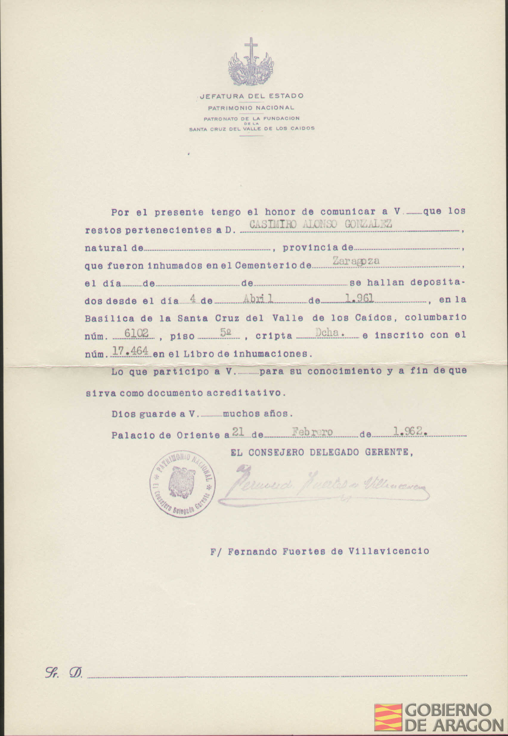 Traslado al Valle de los Caídos de los restos mortales de Casimiro Alonso González el día 4 de abril de 1961