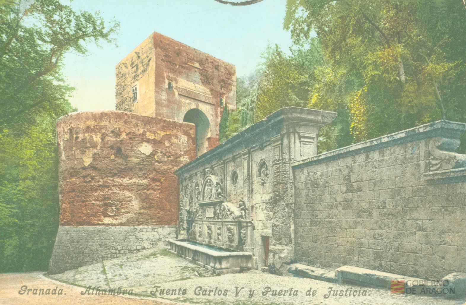"Granada. Alhambra. Fuente Carlos V y Puerta de Justicia". Purger & Co. München