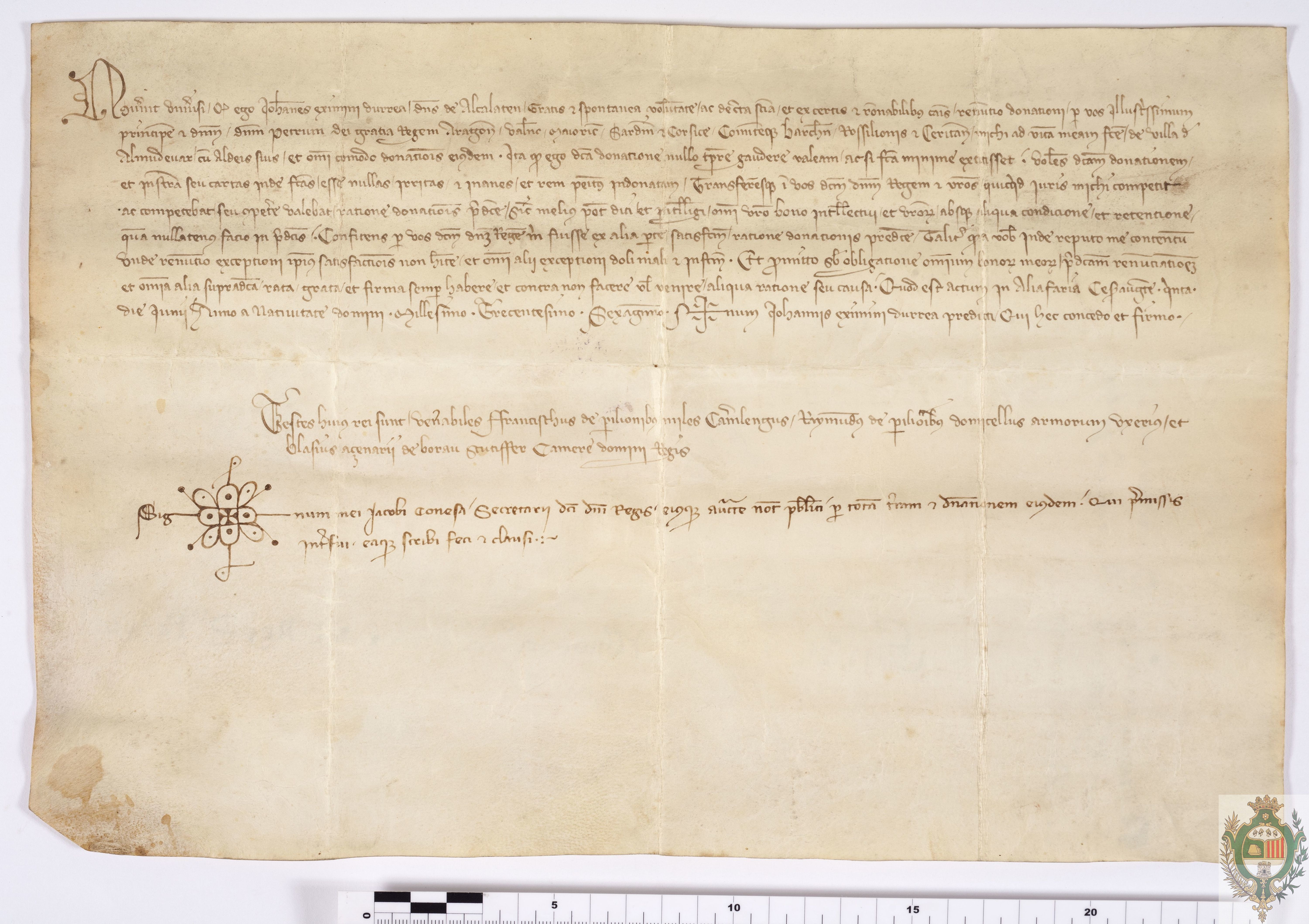 Juan Jiménez de Urrea, señor de Alcalatén, renuncia a la donación que Pedro IV le había hecho de la villa de Almudévar y sus aldeas