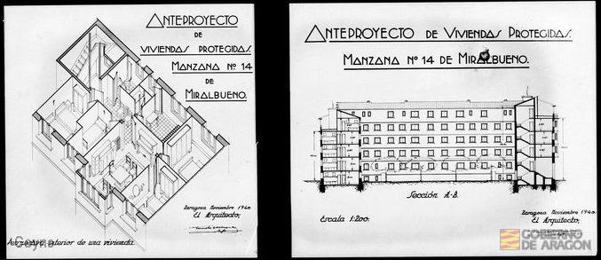 Planos para el anteproyecto de viviendas protegidas de Miralbueno firmado por el arquitecto Fausto García Marco.