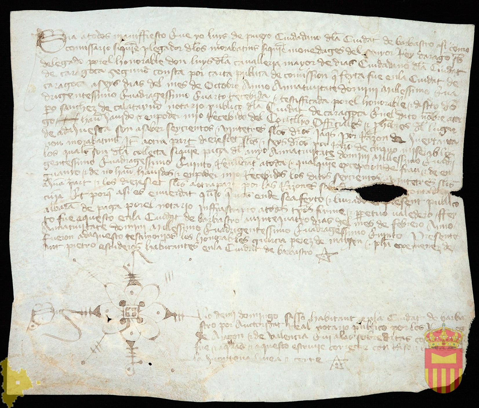 Albarán de Luis de Pueyo, comisario Real, por el que afirma haber recibido del concello y jurados de Adahuesca seiscientos veintitres sueldos jaqueses en concepto de pensión de gobernación