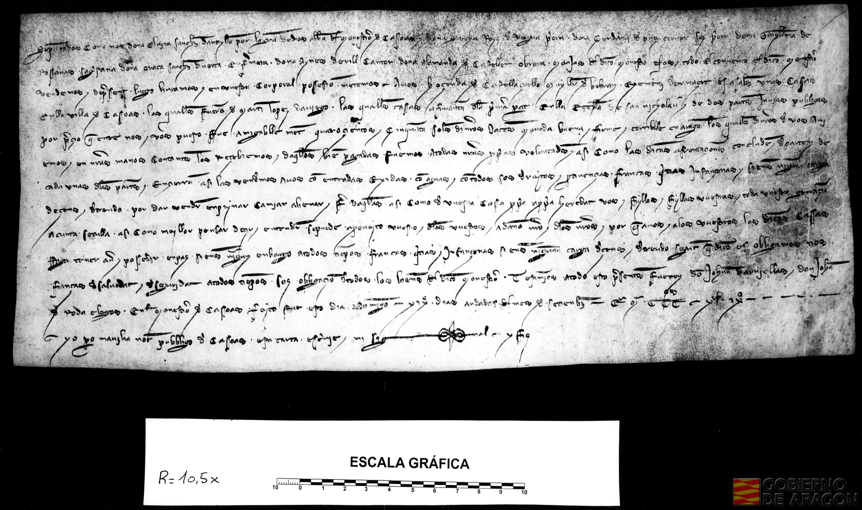 Elvira Sánchez de Antillón, abadesa, y todo el convento de Casbas venden a Osenda de Castillazuelo, mujer de Beltrán Jiménez de Tramaced, unas casas en Casbas por 450 sueldos jaqueses