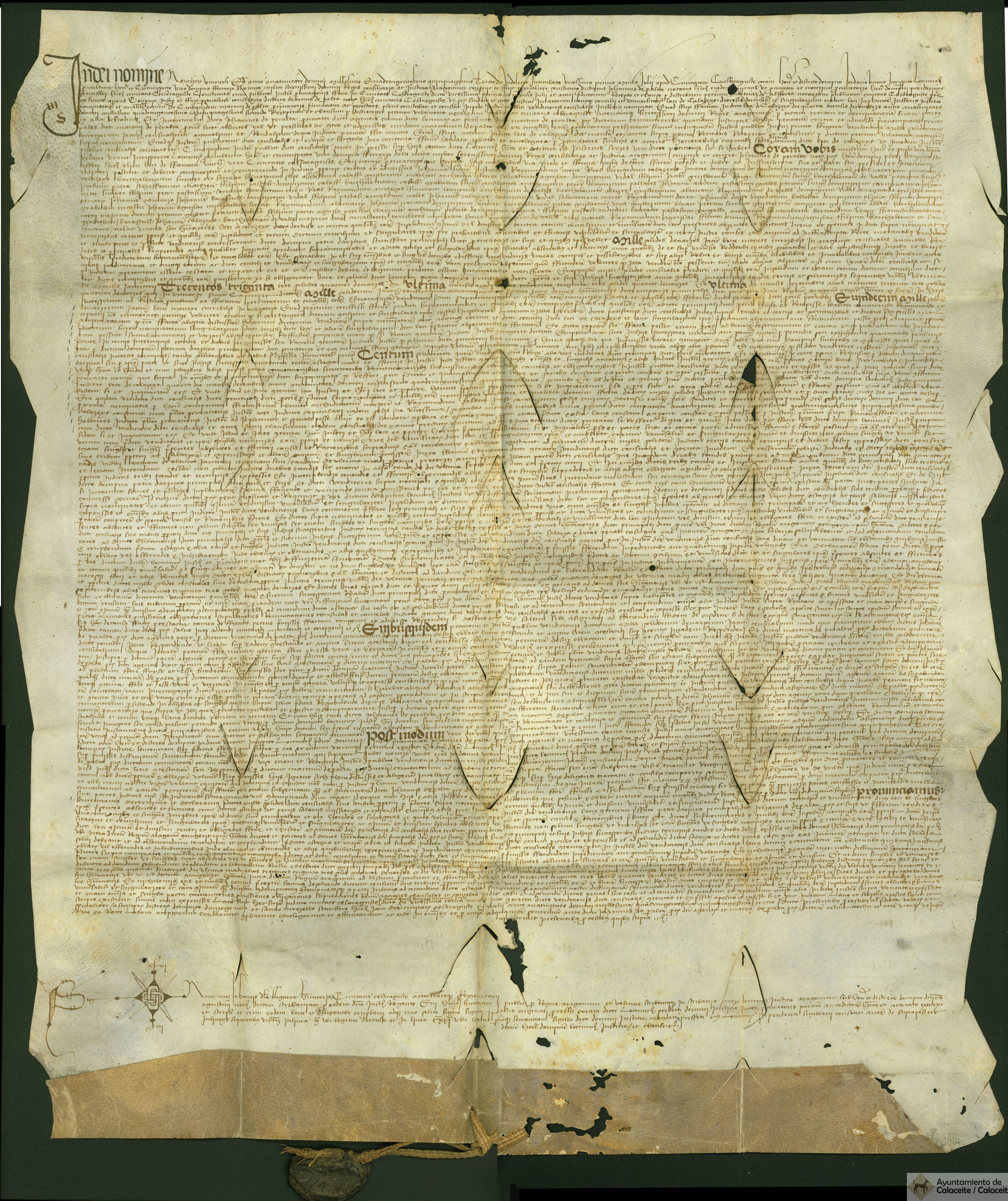 Sentencia dada por Jordano Vicent, lugarteniente del justicia de Aragón, al pleito entre don Pedro de Ariño y el Concejo de Calaceite por incumplimiento censal