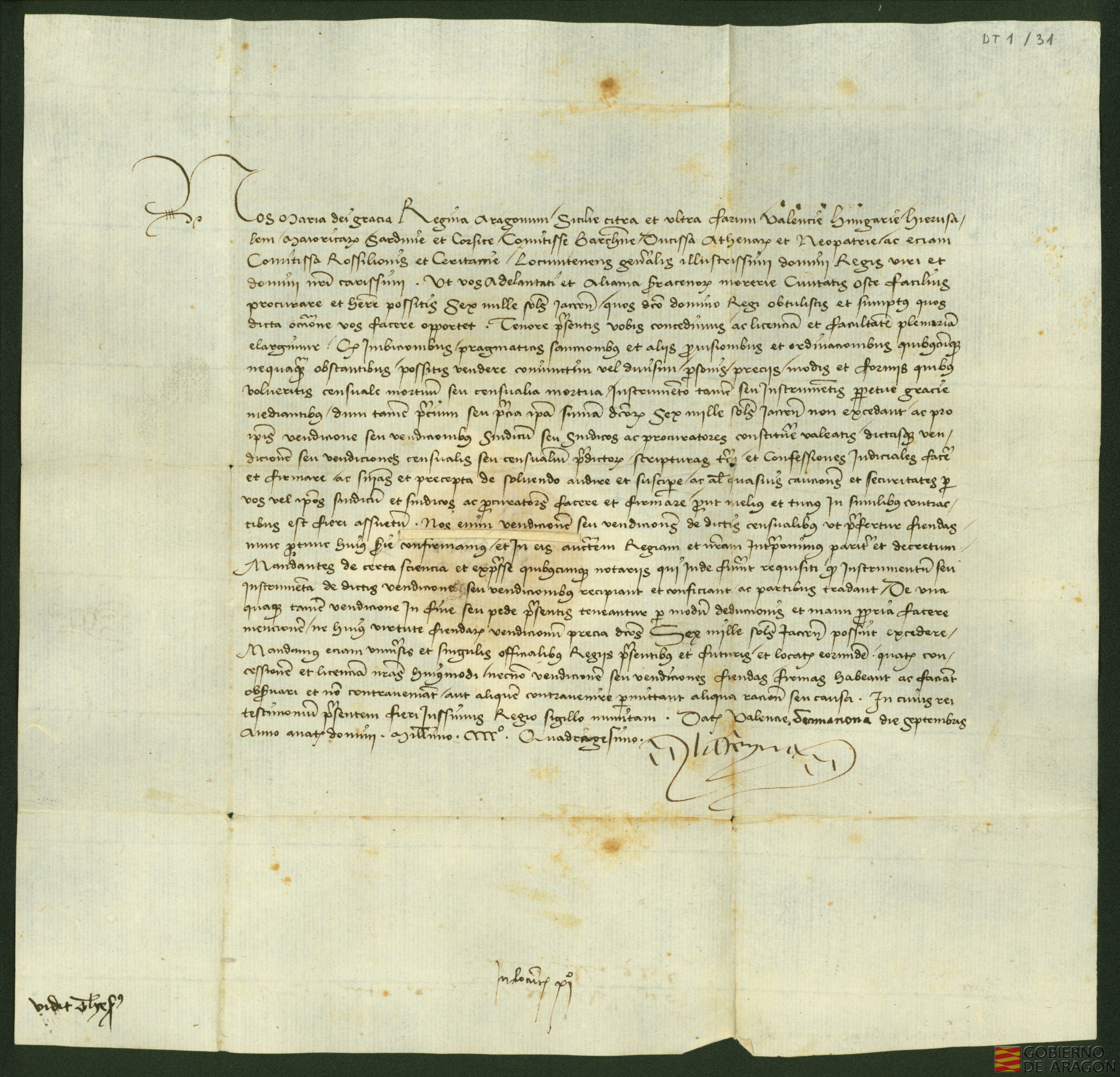 La reina María de Castilla autoriza a la aljama de moros de Huesca a vender censales muertos por valor de 6.000 sueldos jaqueses para hacer frente a ciertos gastos