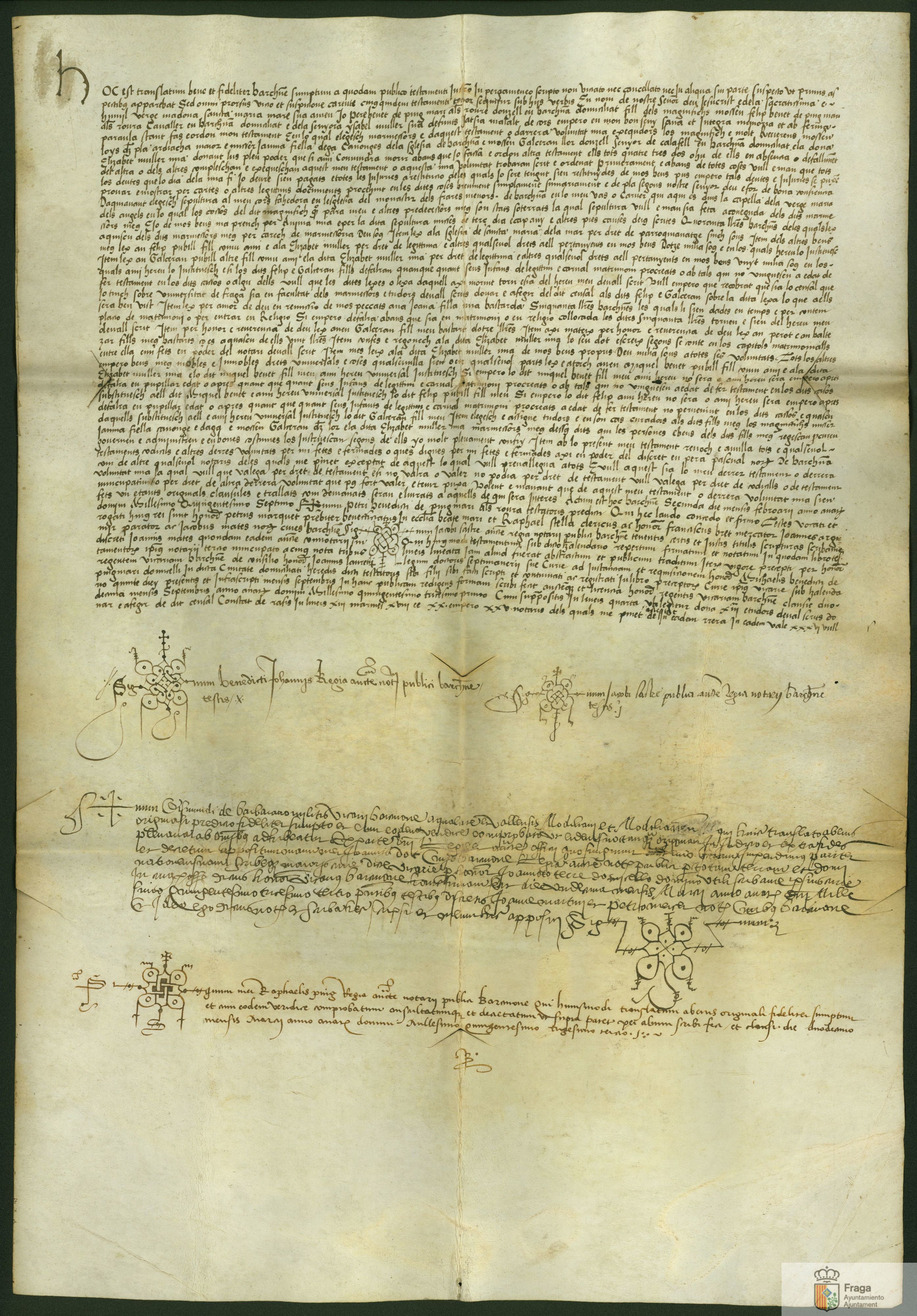 Testamento de Pere Benet de Puig Marí, alias Roure, doncel de Barcelona