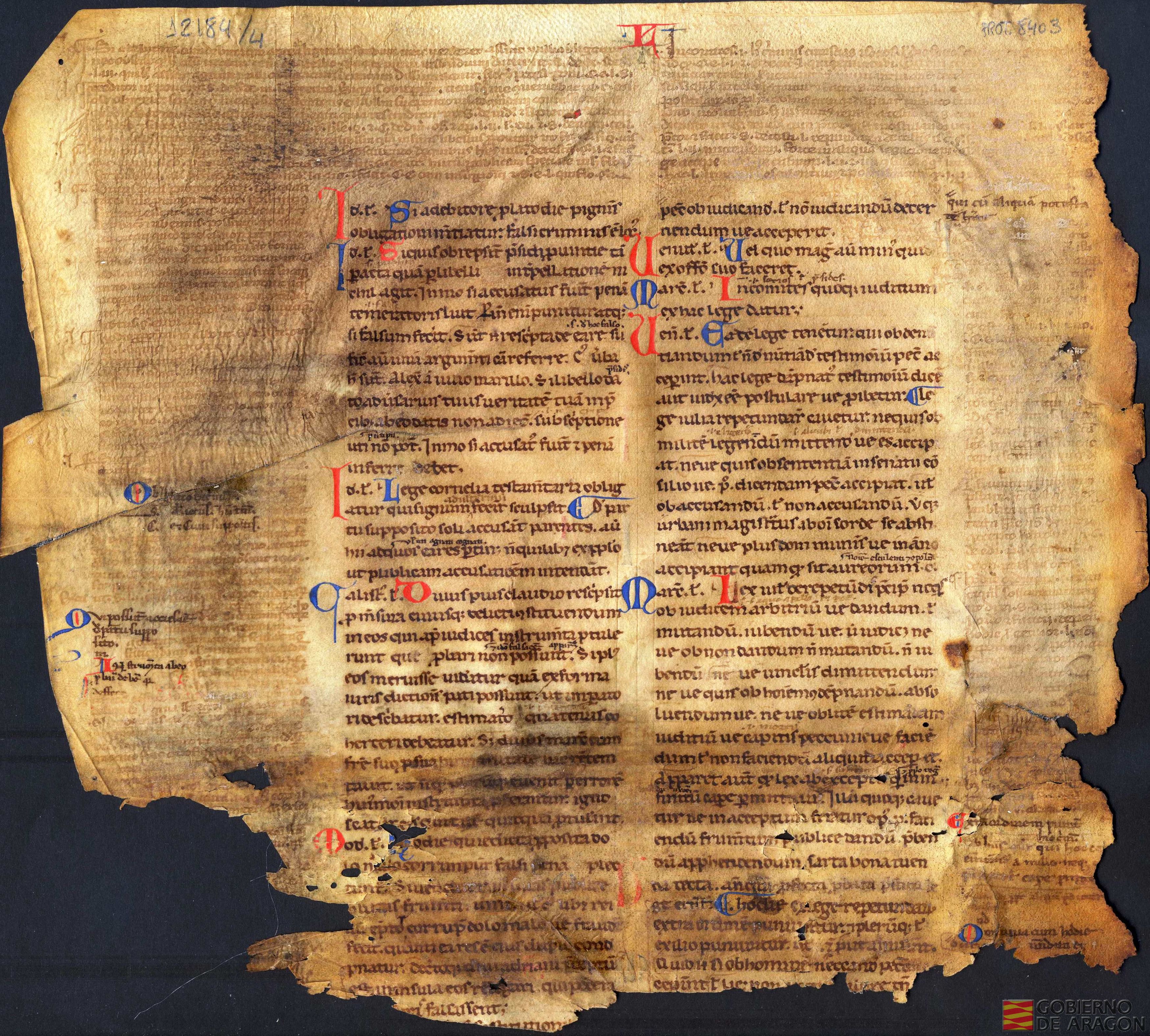 Fragmento del <i>Digesto</i> o <i>Pandecta</i> o colección de jurisprudencia promulgado de Justiniano I, emperador del Imperio Romano de Oriente en el año 533.