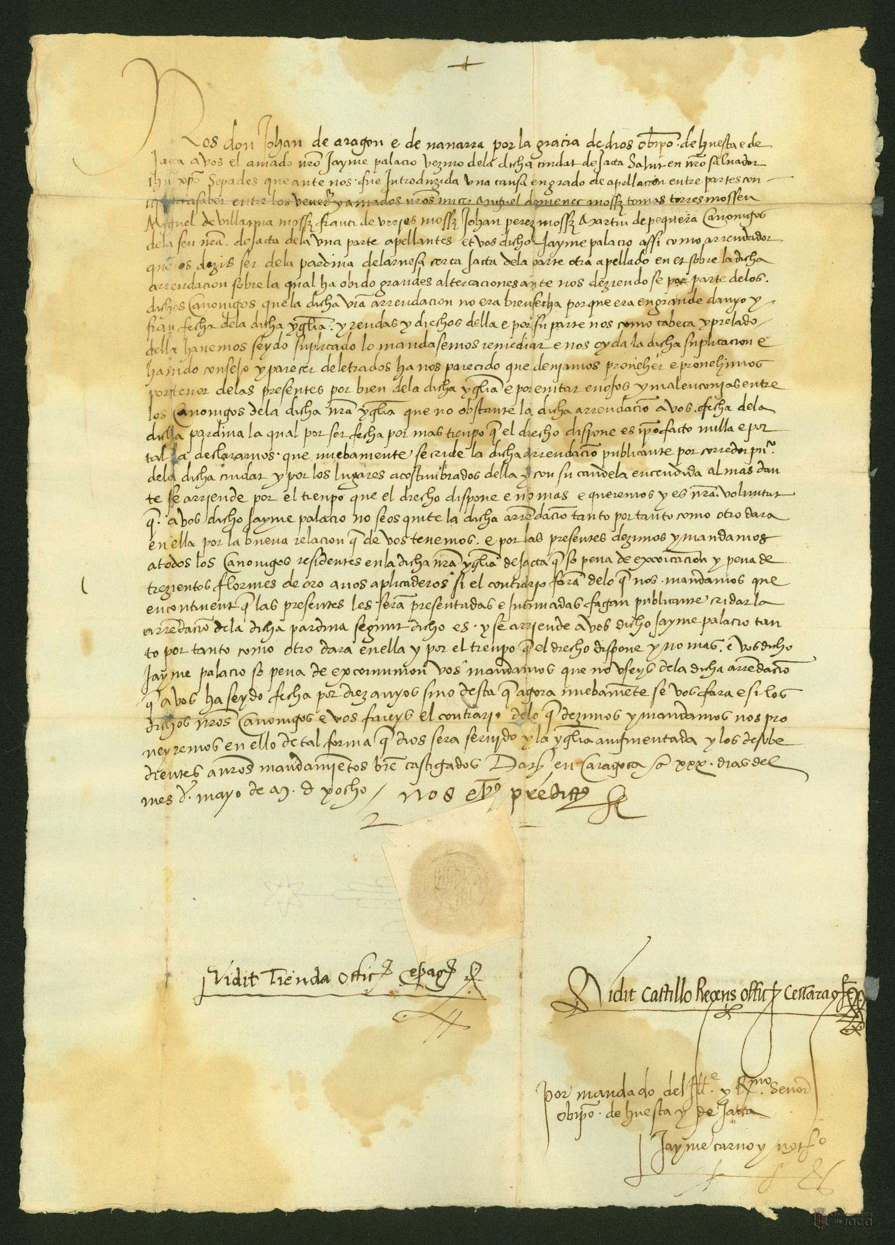 Juan de Aragón, obispo de Huesca y de Jaca, sentencia sobre una apelación presentada por los canónigos de la Catedral de Jaca, contra Jaime Palacio, en relación al arrendamiento de la pardina de Larbesa