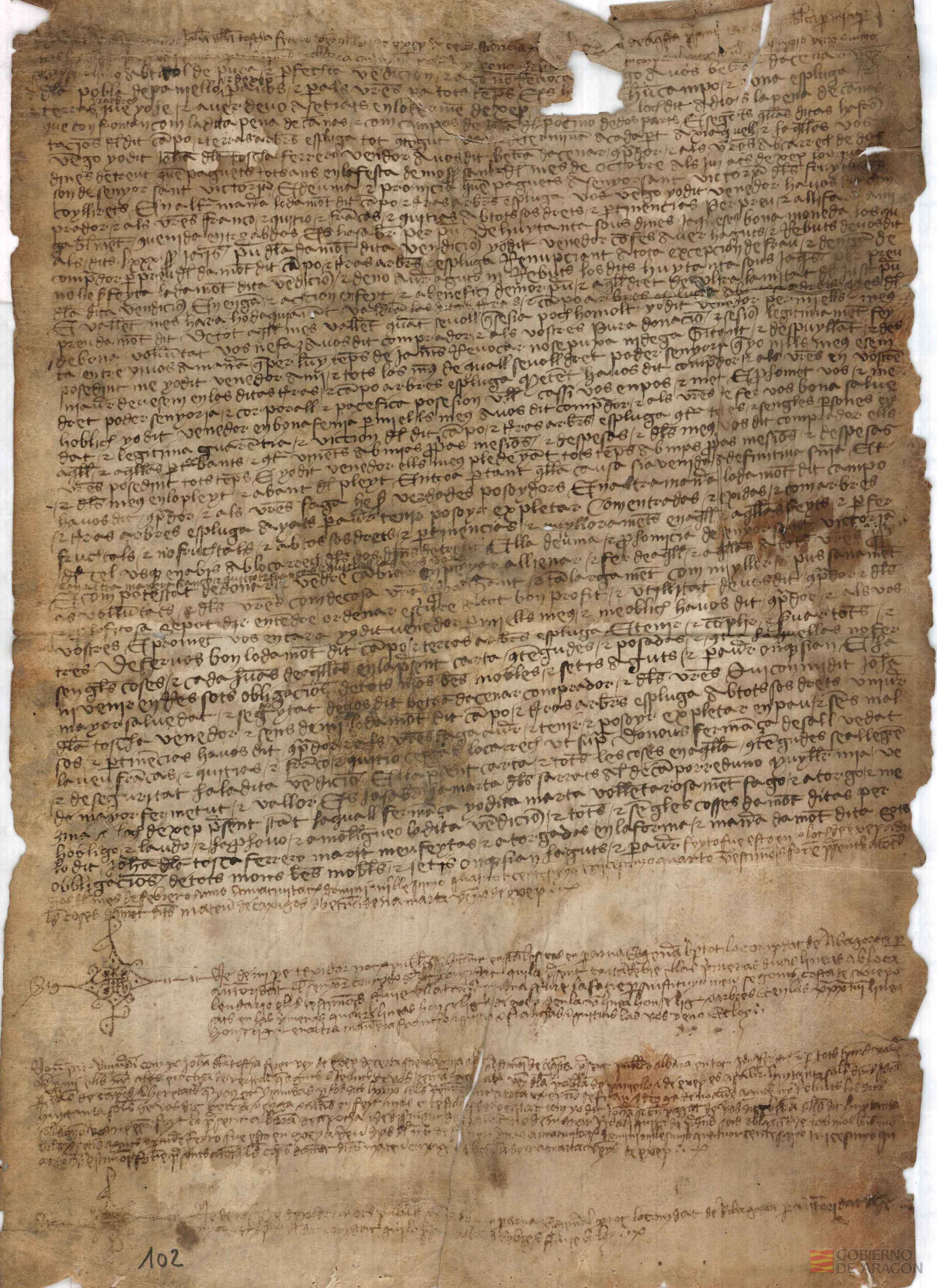 Juan de la Toscha,herrero,vecino del lugar de Exep,vende a Beltrán de Aznar,vecino de la Puebla de Paniello de Exep,un campo y otras tierras que tiene en el término de Exep,por 80 sueldos jaqueses,debiendo pagar los diezmos y primicias al monasterio de San Vitorián