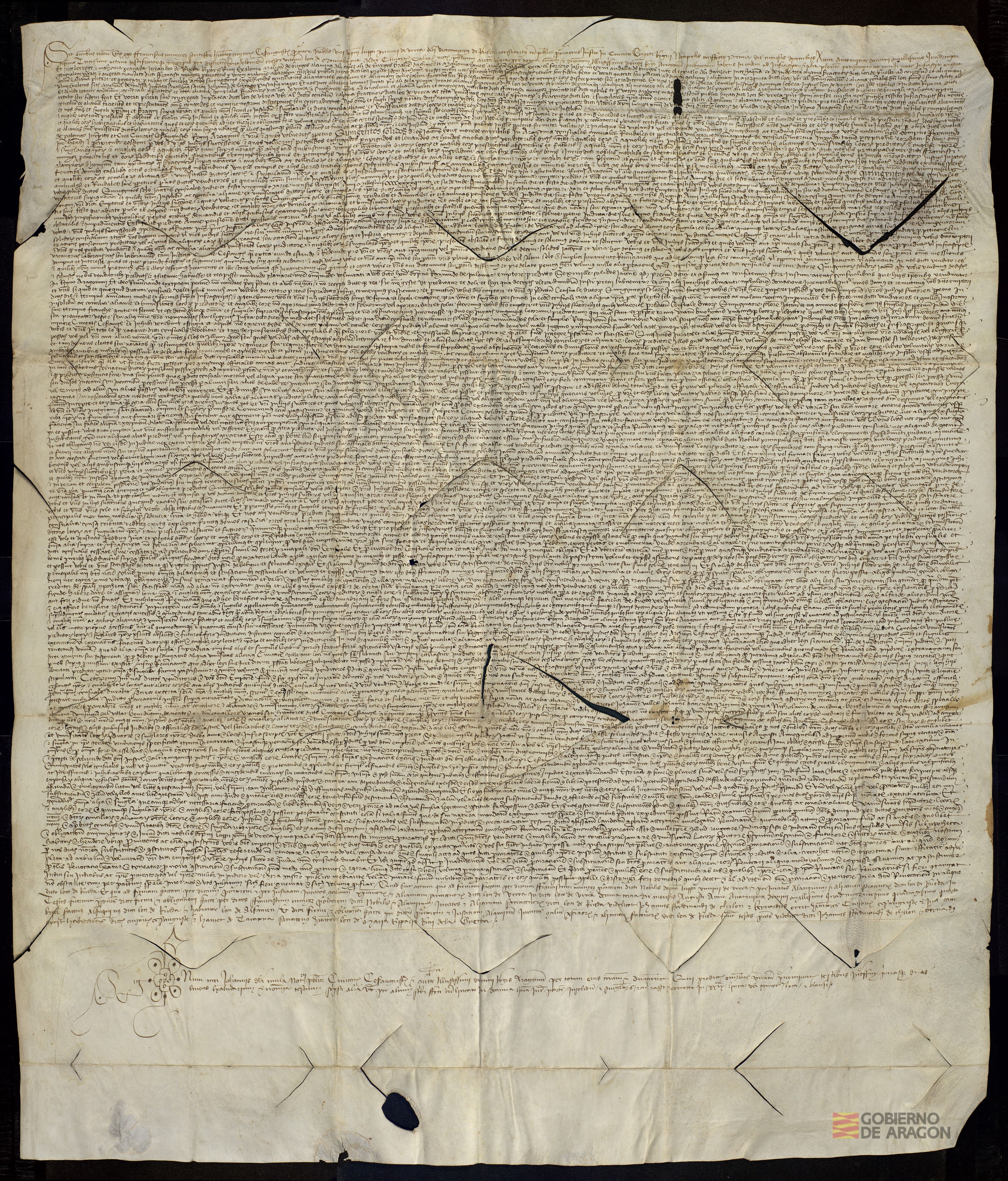 Lope Jiménez de Urrea y los concejos y aljamas de Rueda de Jalón y Urrea de Jalón venden a Ramón de Palomar, jurista y ciudadano de Zaragoza, un censal de 500 sueldos jaqueses por precio de 6.000 sueldos.
