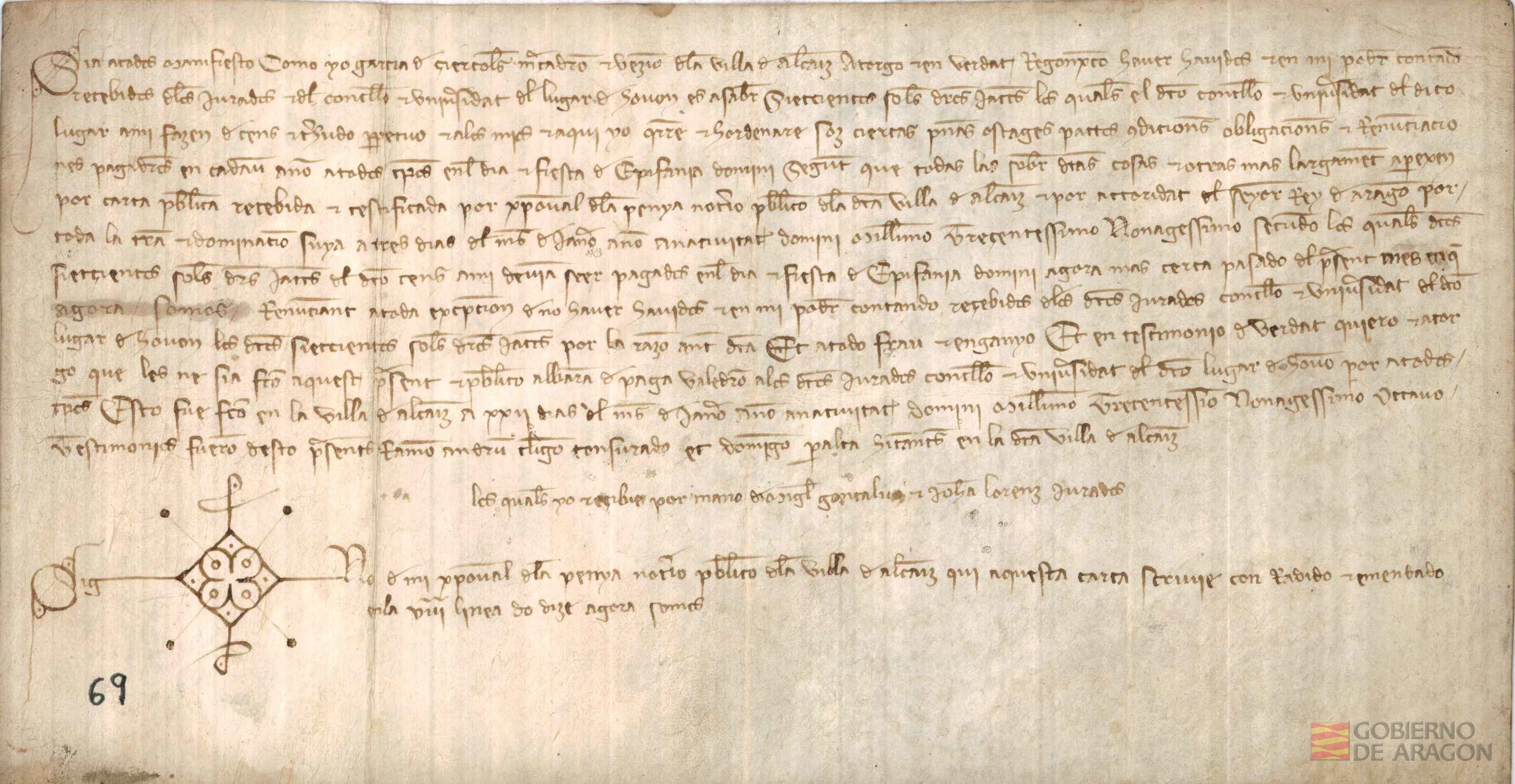 García de Ciércoles,mercader y vecino de la villa de Alcañiz,reconoce haber recibido de los jurados del lugar de Obón,700 sueldos jaqueses de un treudo perpetuo con dicha villa