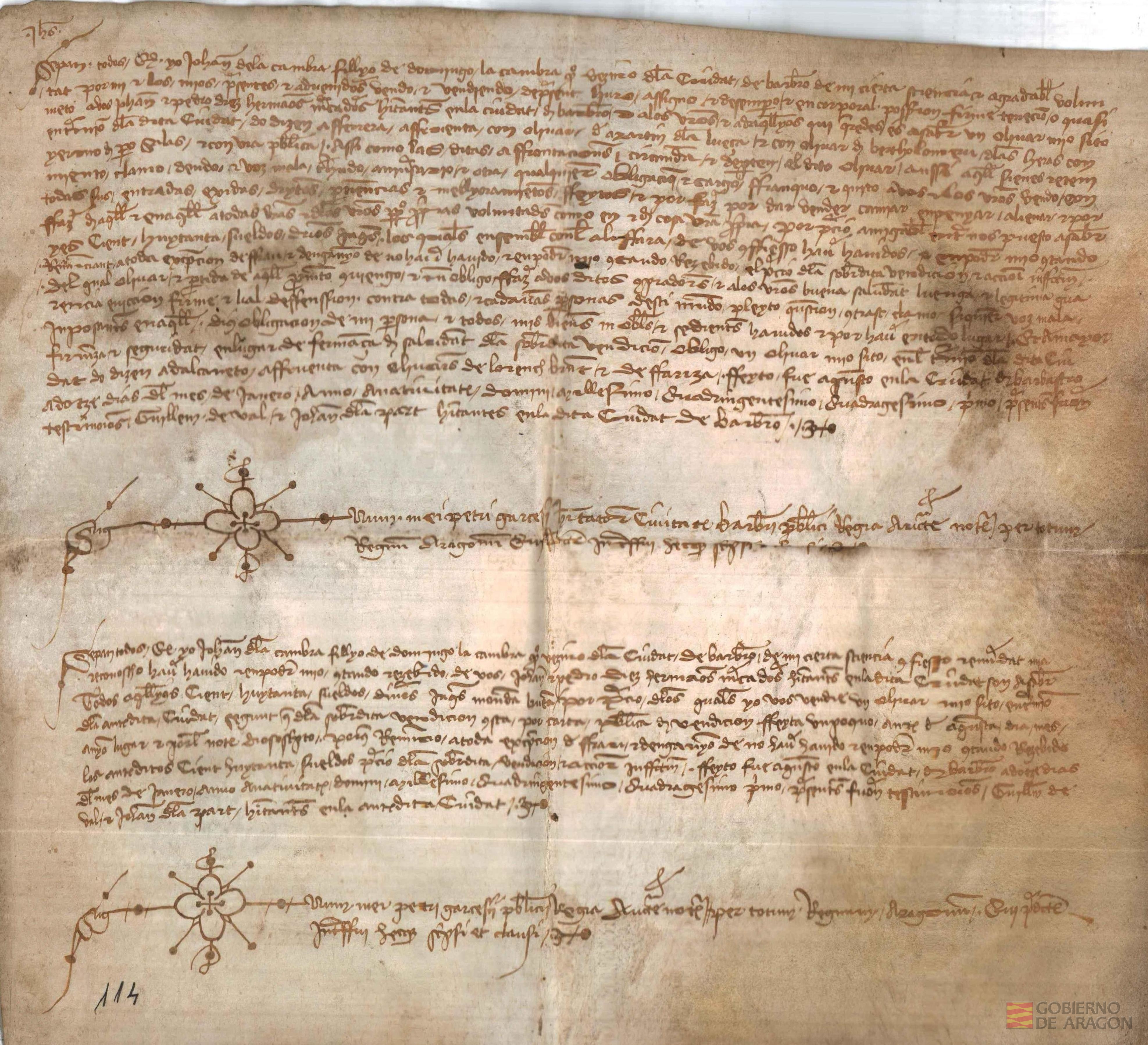 Juan de la Cambra,hijo de Domingo la Cambra vecino de la ciudad de Barbastro,vende a los hermanos Juan y Pedro Diez,mercaderes,vecinos de dicha ciudad,un olivar sito en este término,por 180 sueldos jaqueses