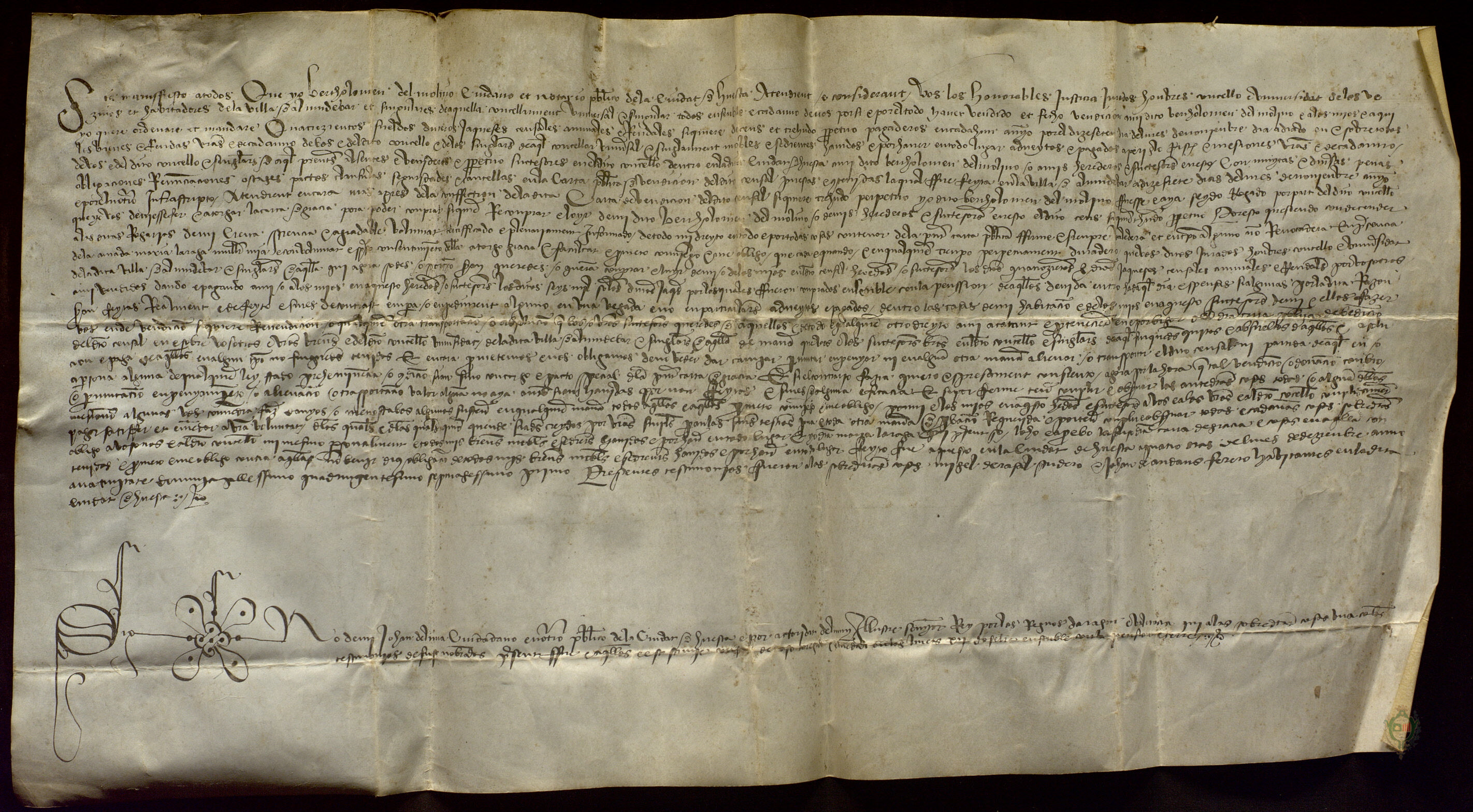 Bartolomé del Molino, ciudadano de Huesca, concede al concejo de Almudévar la carta de gracia para poder redimir un censal de 400 sueldos jaqueses anuales de renta y 6.000 sueldos de propiedad.