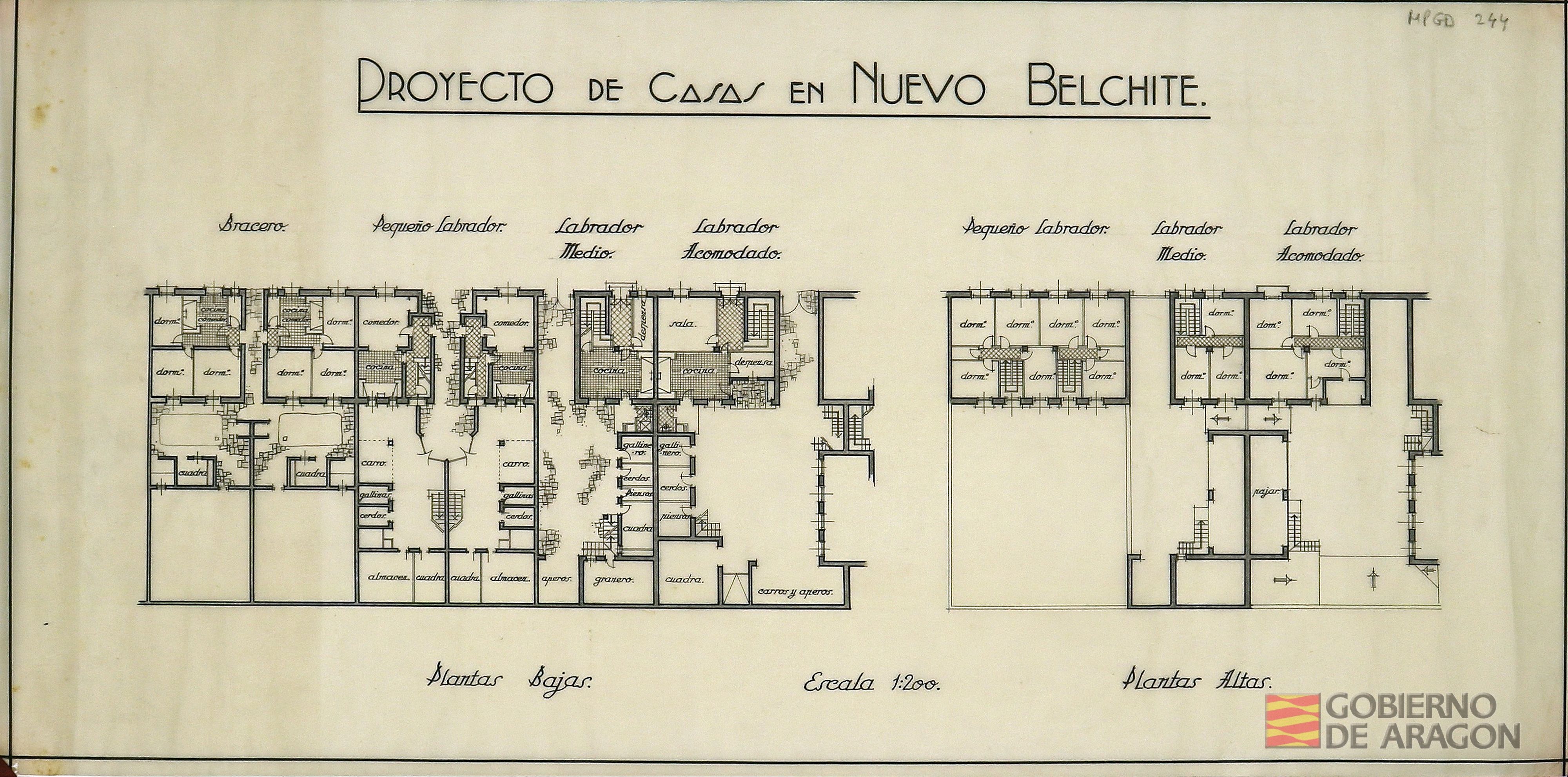 Proyecto de casas en nuevo Belchite para bracero, pequeño labrador, labrador medio y labrador acomodado. Plano plantas bajas y altas