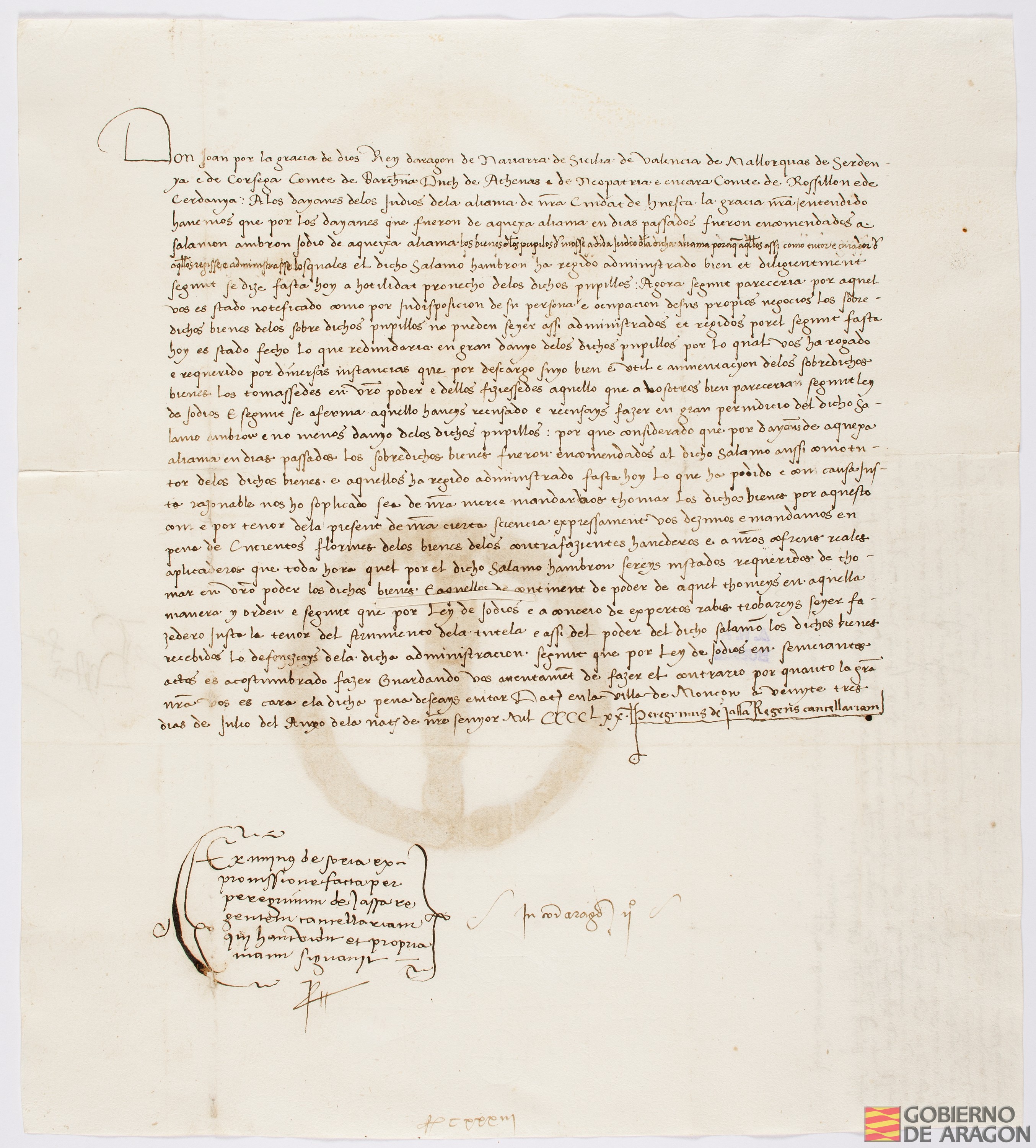 Juan II, rey de Aragón, manda a los dayanes de los judíos de la aljama de Huesca que se hagan cargo de los bienes de los pupilos de Mosse Adida, en sustitución de Salomón Ambron