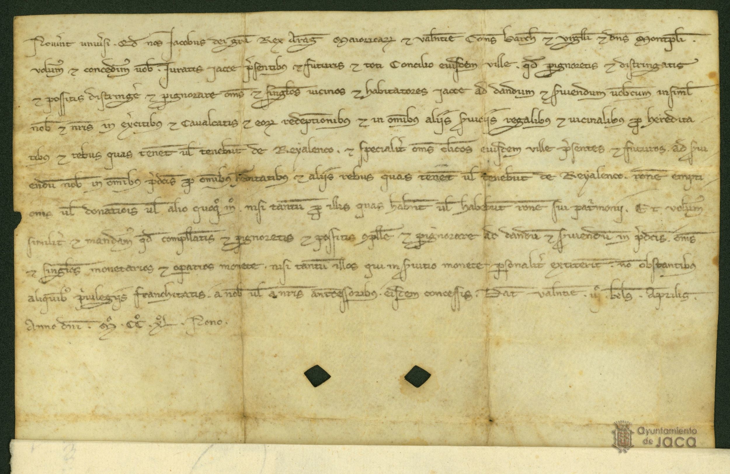 Jaime I, rey de Aragón, ordena a los jurados de Jaca que obliguen a los vecinos y habitantes de Jaca a servir en el ejército, cabalgadas y sus redenciones, y en todos los servicios reales en proporción a las fincas realengas que detentasen