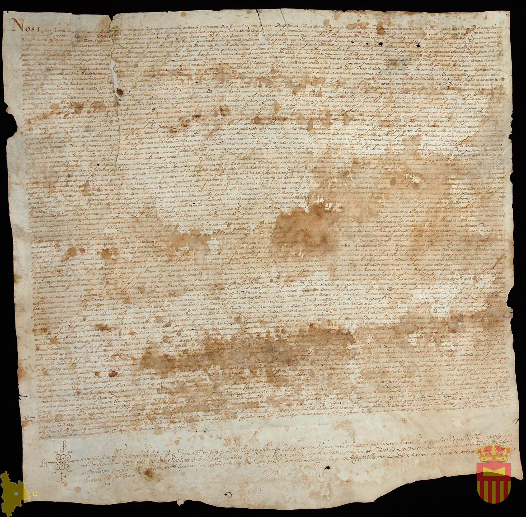 Traslado notarial de Antonio Viladamor del privilegio del infante Juan, Gobernador General de Aragón, por el que confirma el 22 de octubre de 1381, la venta hecha por su padre Pedro IV a D. Manuel de Entença, de las villas de Castejón de Sobrarbe, Pozán de Vero, Adahuesca y Sevil, por 8000 florines de oro.