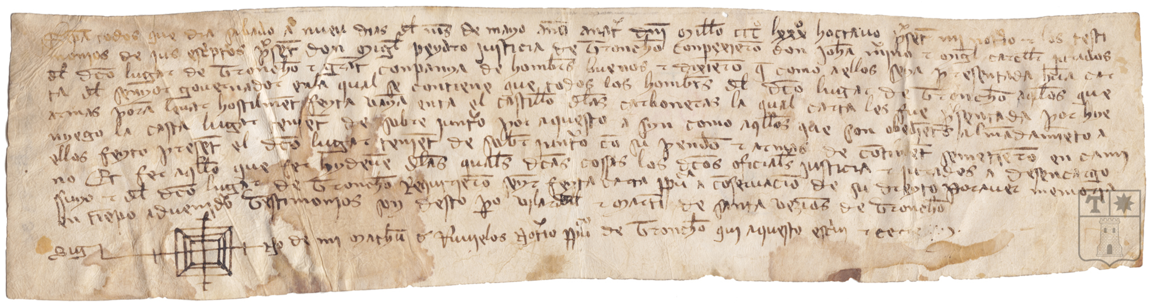 Requerimiento de D. Miguel Peydro, justicia de Tronchón, a D. Mateo de Rubielos para que haga una copia certificada de la carta del gobernador del reino para que todos los hombres con armas acudan al castillo de las Carboneras.