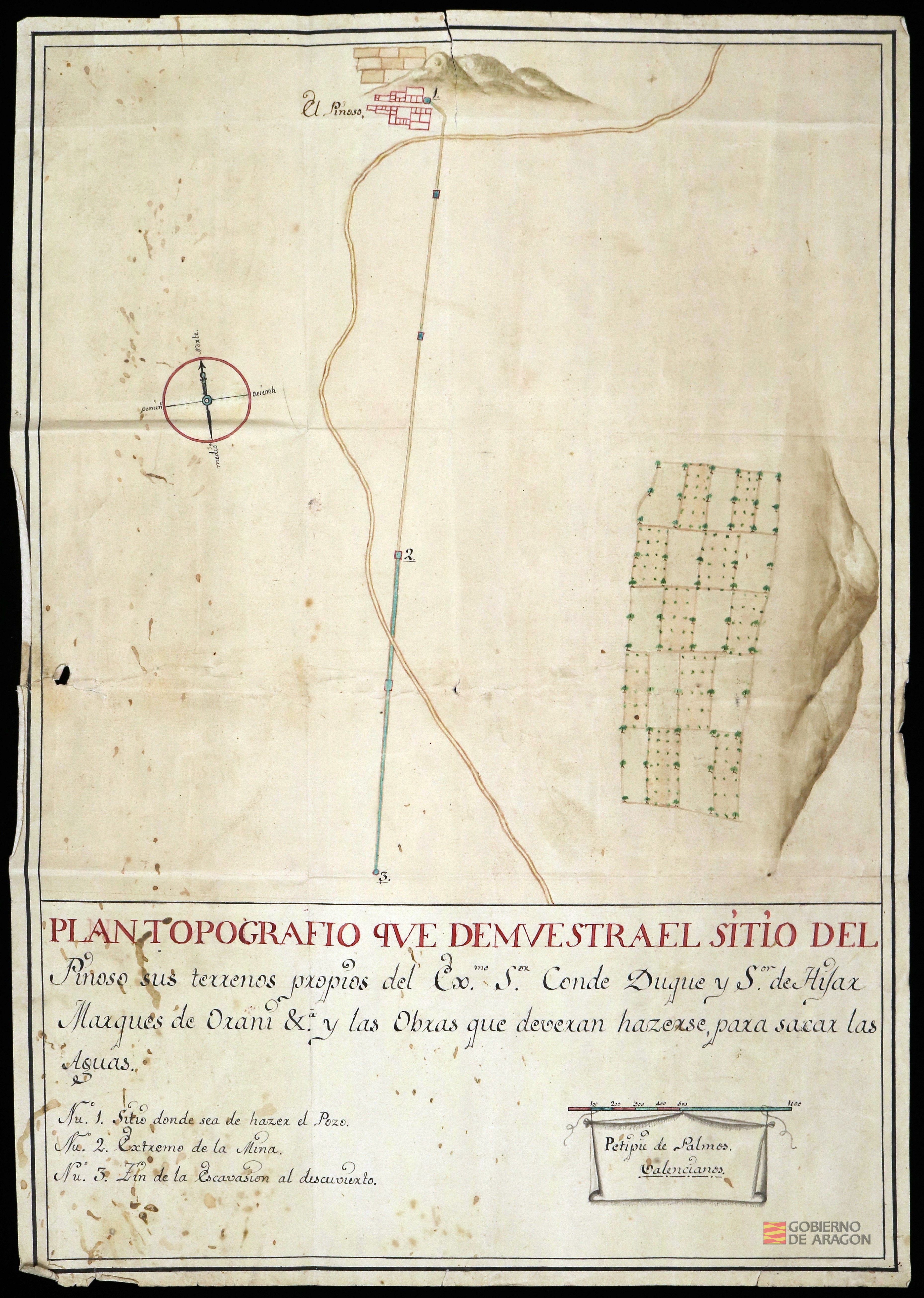 "Plan Topográfico que demuestra el sitio del Pinoso sus terrenos propios del Excmo. señor conde duque y señor de Híjar, marqués de Oraní etc. y las obras que deverán hacerse, para sacar las aguas".. Pinoso