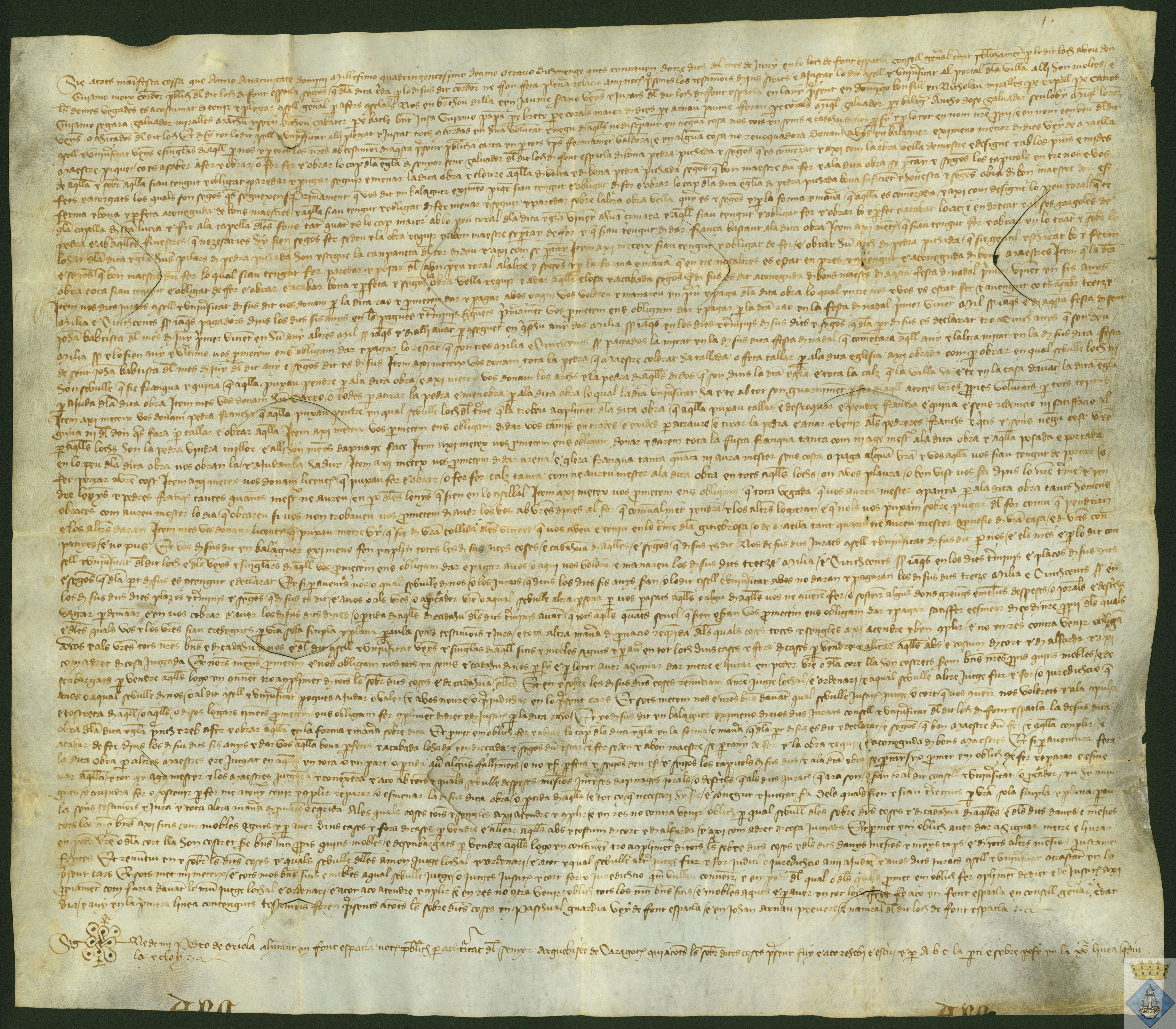 El concejo de Fuentespalda contrata a Balaguer Jimeno, piedrapiquero, vecino de Maella, para obrar la cabecera de la iglesia de San Salvador de la villa, por 13.500 sueldos jaqueses