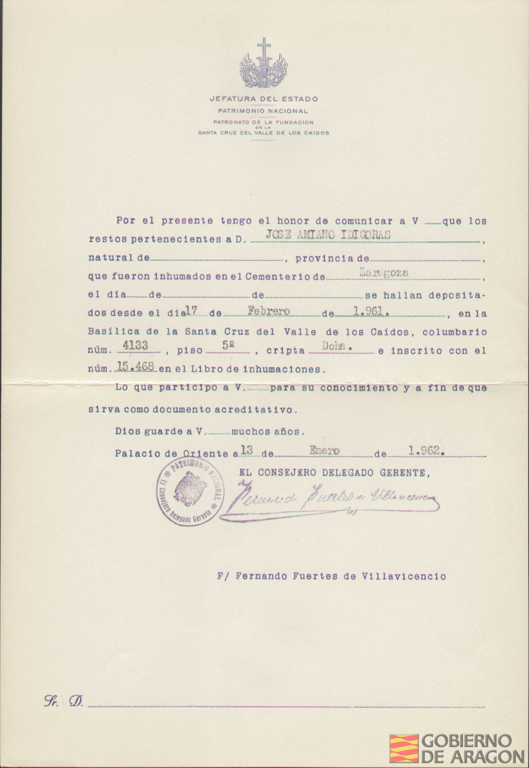 Traslado al Valle de los Caídos de los restos mortales de José Amiano Idigoras el día 17 de febrero de 1961