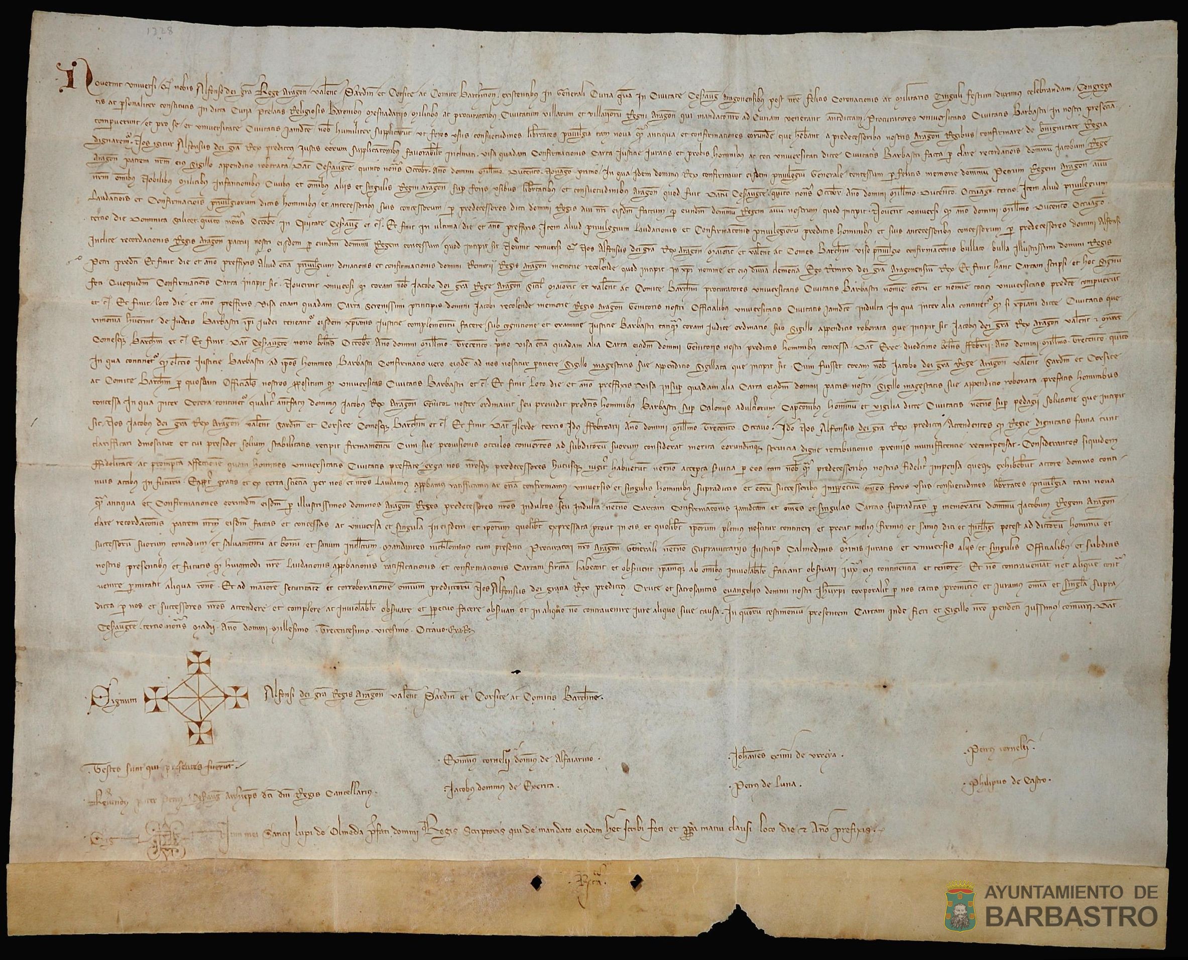 Alfonso IV "el Benigno" confirma todos los privilegios concedicos por sus antecesores a la ciudad de Barbastro.