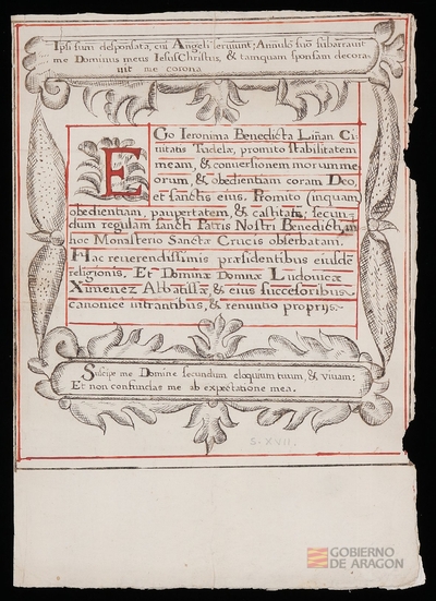 Carta de profesión de Jerónima Benedicta Liñán, de la ciudad de Tudela, en el monasterio de Santa Cruz de Jaca