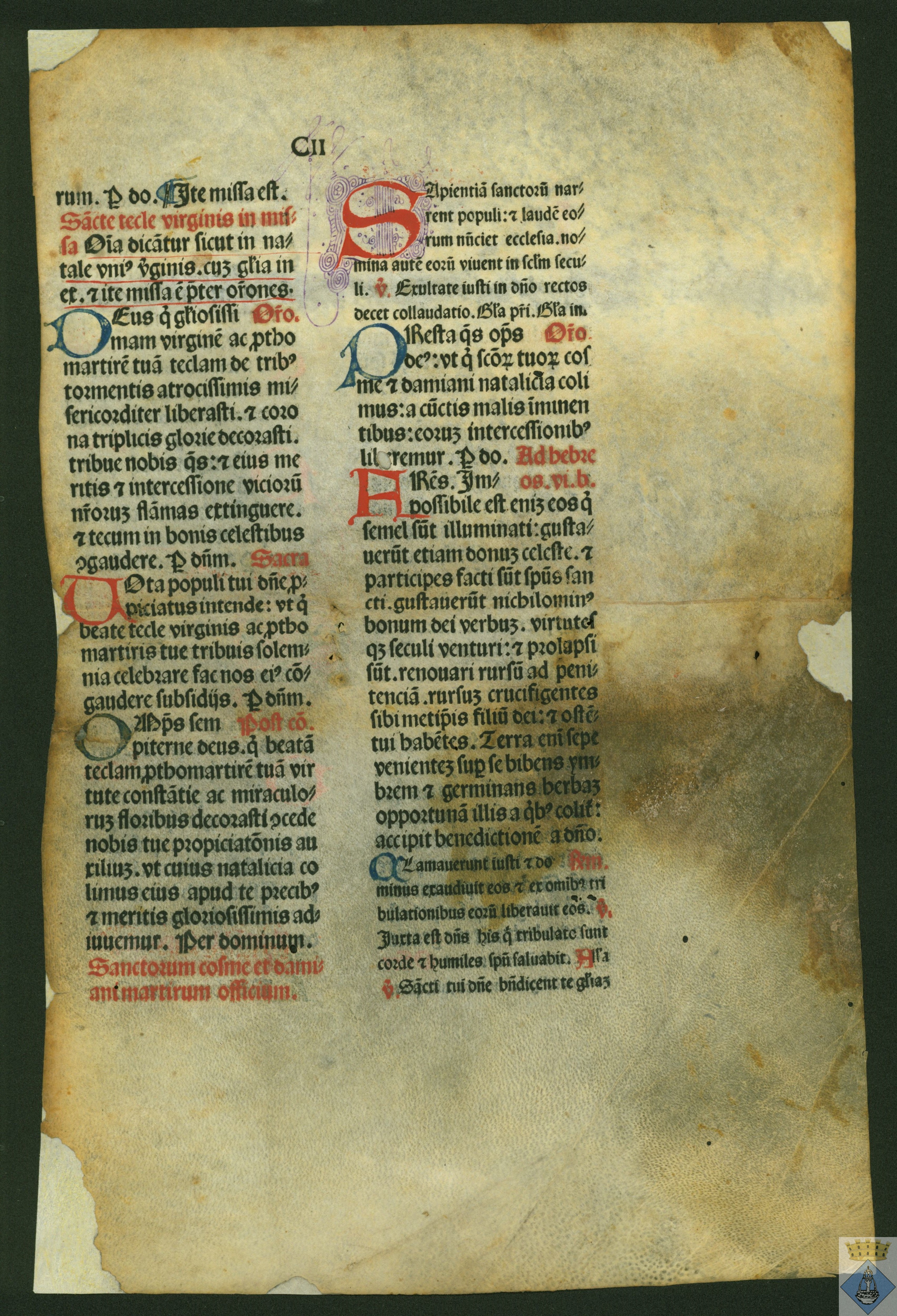 Fragmento de un breviario impreso en caracteres góticos.
