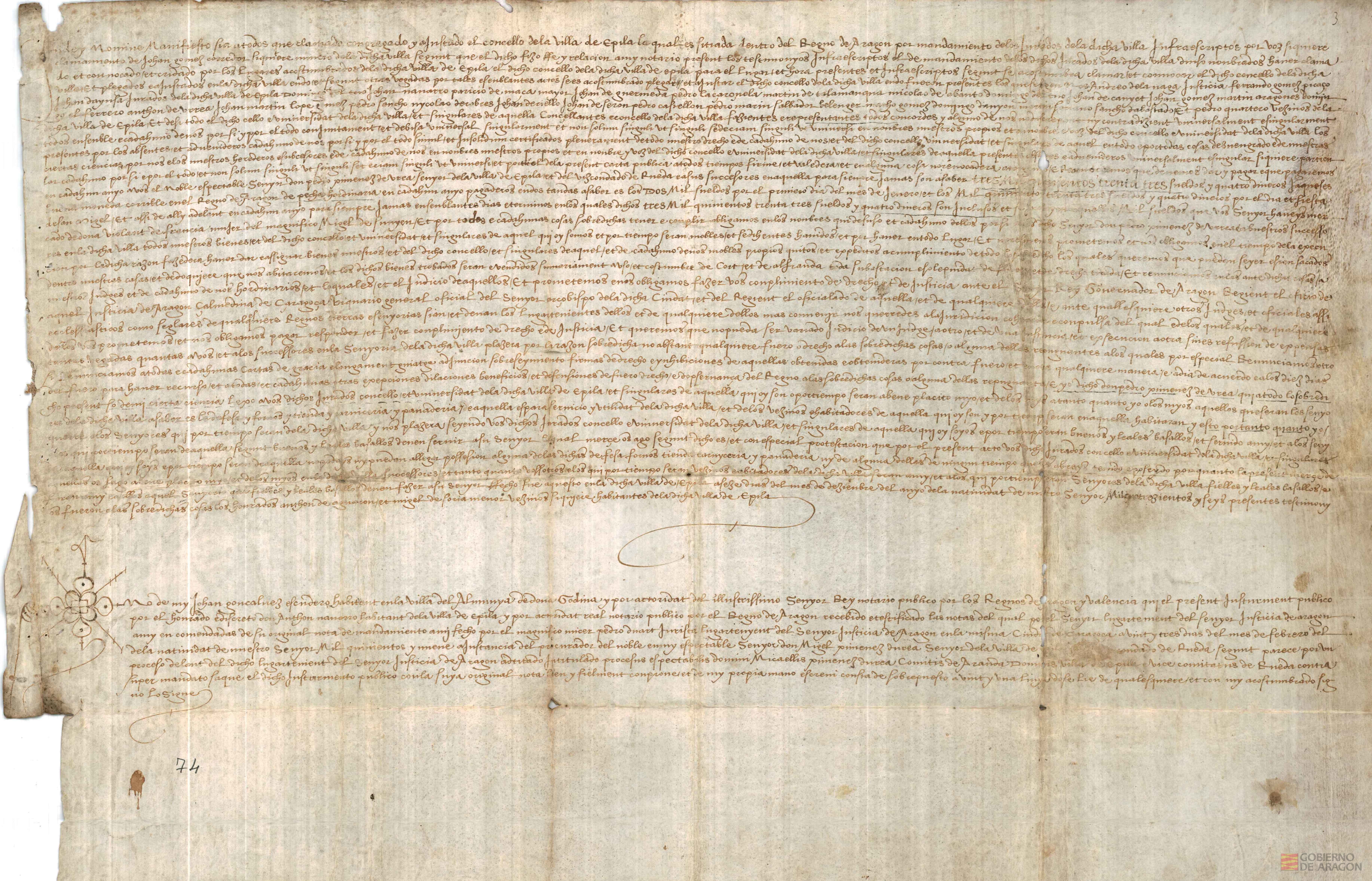 El concejo de la villa de Epila se compromete a pagar cada año como pecha ordinaria a Don Pedro Ximénez de Urrea,señor de dicha villa y del vizcondado de Rueda,3533 sueldos,4 dineros jaqueses,en dos tandas