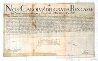 Carlos II y, en su nombre, Antonio de la Riva, arzobispo de Zaragoza, capitán general de Aragón, nombra a Vicente Gómez, oriundo del lugar de Frías, de la Comunidad de Albarracín y residente en Zaragoza, notario público para todo el reino de Aragón