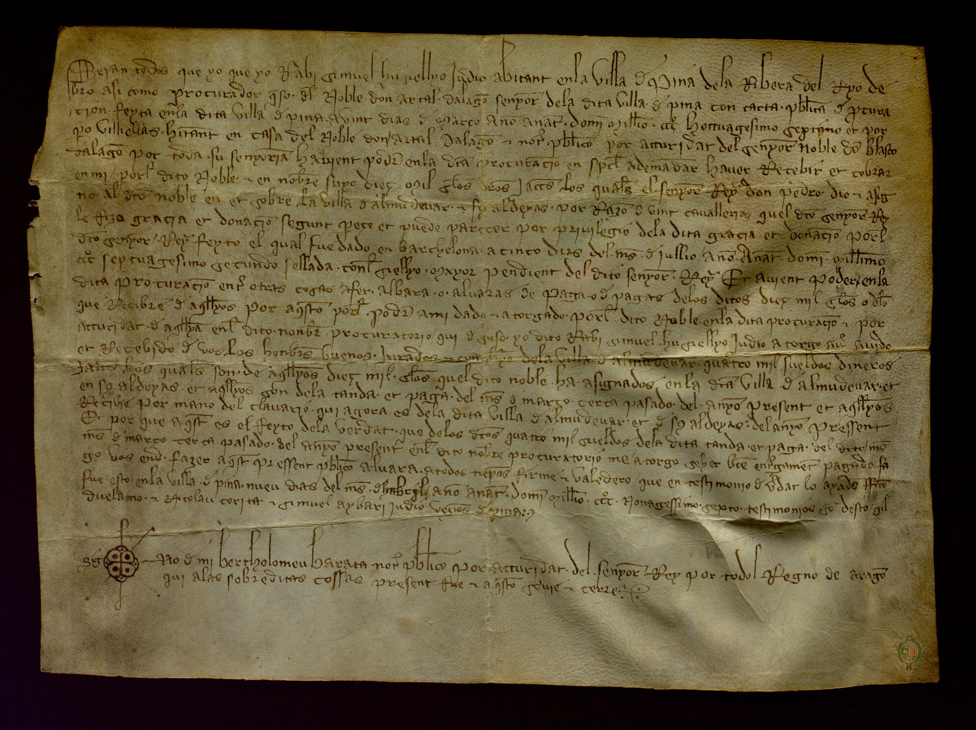Rabí Samuel Usiello, habitante en Pina de Ebro, procurador de Artal de Alagón, señor de dicho pueblo, la cantidad de 10.000 sueldos jaqueses por las caballerías que le había asignado el rey Pedro IV.
