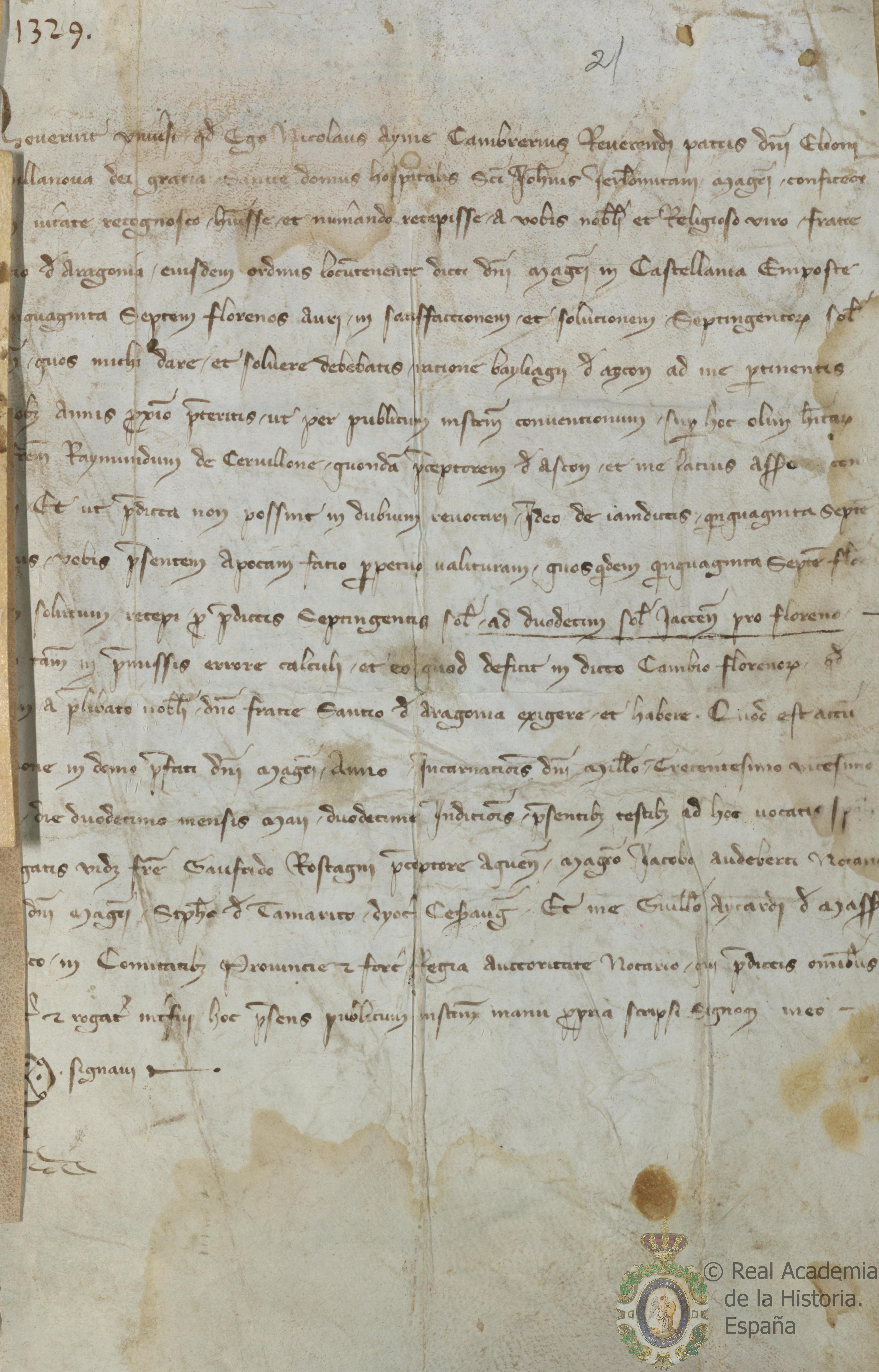 Apoca otorgada por Nicolás Ayme, camarlengo de Elione de Villeneuve, maestre de la Orden del Hospital, a Sancho de Aragón, lugarteniente de dicho maestre en la castellanía de Amposta, por el que reconoce haber recibido de este 57 florines de Aragón en satisfacción de los 700 sueldos jaqueses ¿contando a 12 sueldos por florín- que le pertenecían por razón de la ración del bailiaje de Ascó.