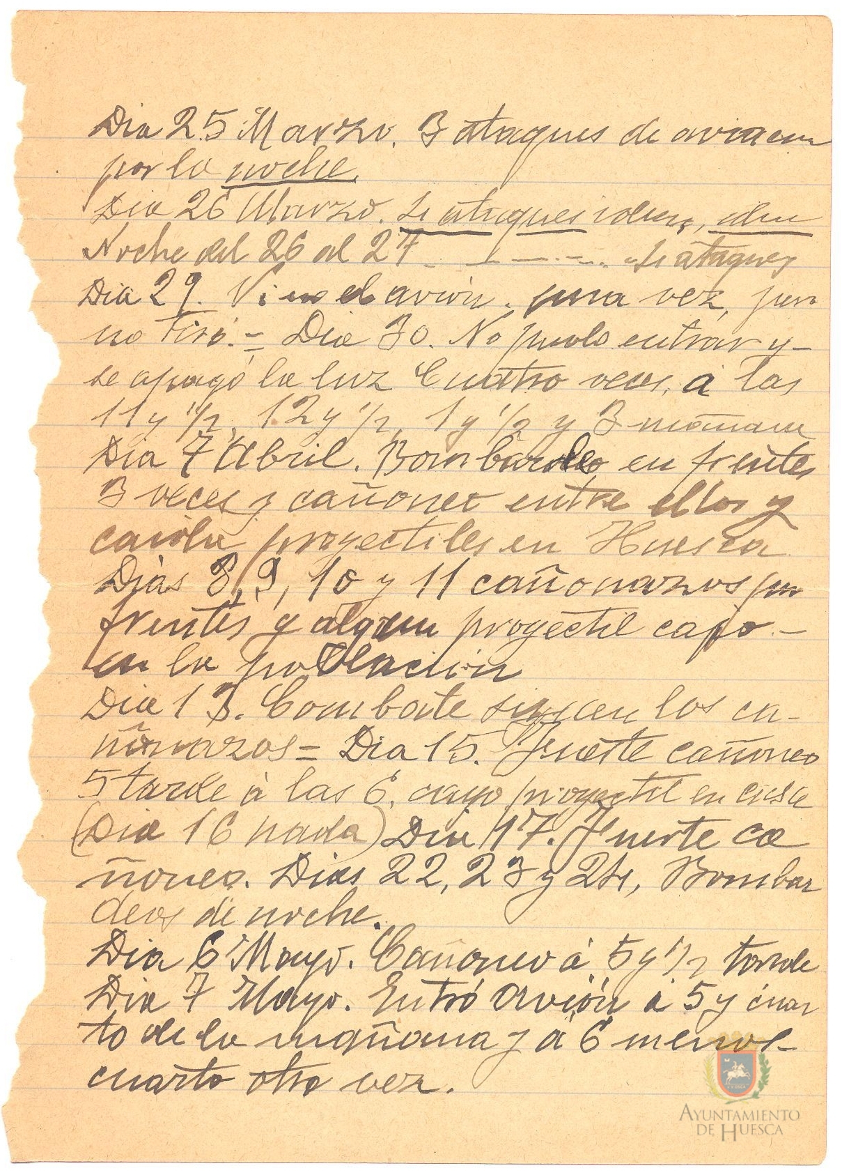 Lista de bombardeos en Huesca entre los días 25 de marzo y 21 de mayo de 1937