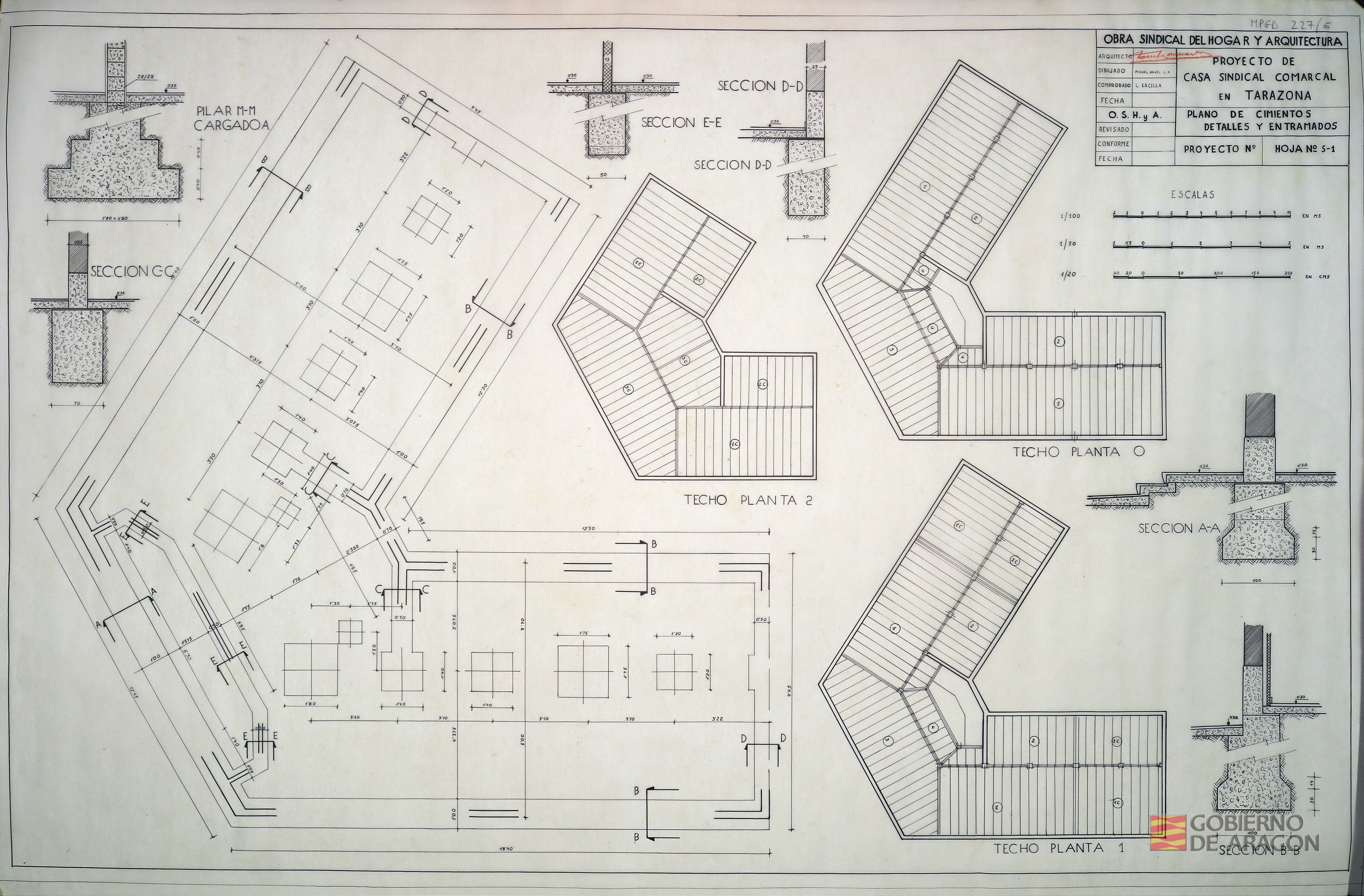 Proyecto de Casa Sindical Comarcal en Tarazona (Zaragoza).. Plano de cimientos, detalles y entramados. Arquitecto: Fausto García Marco; Dibujo: Miguel Ángel López Redondo; Comprobó: L. Ercilla